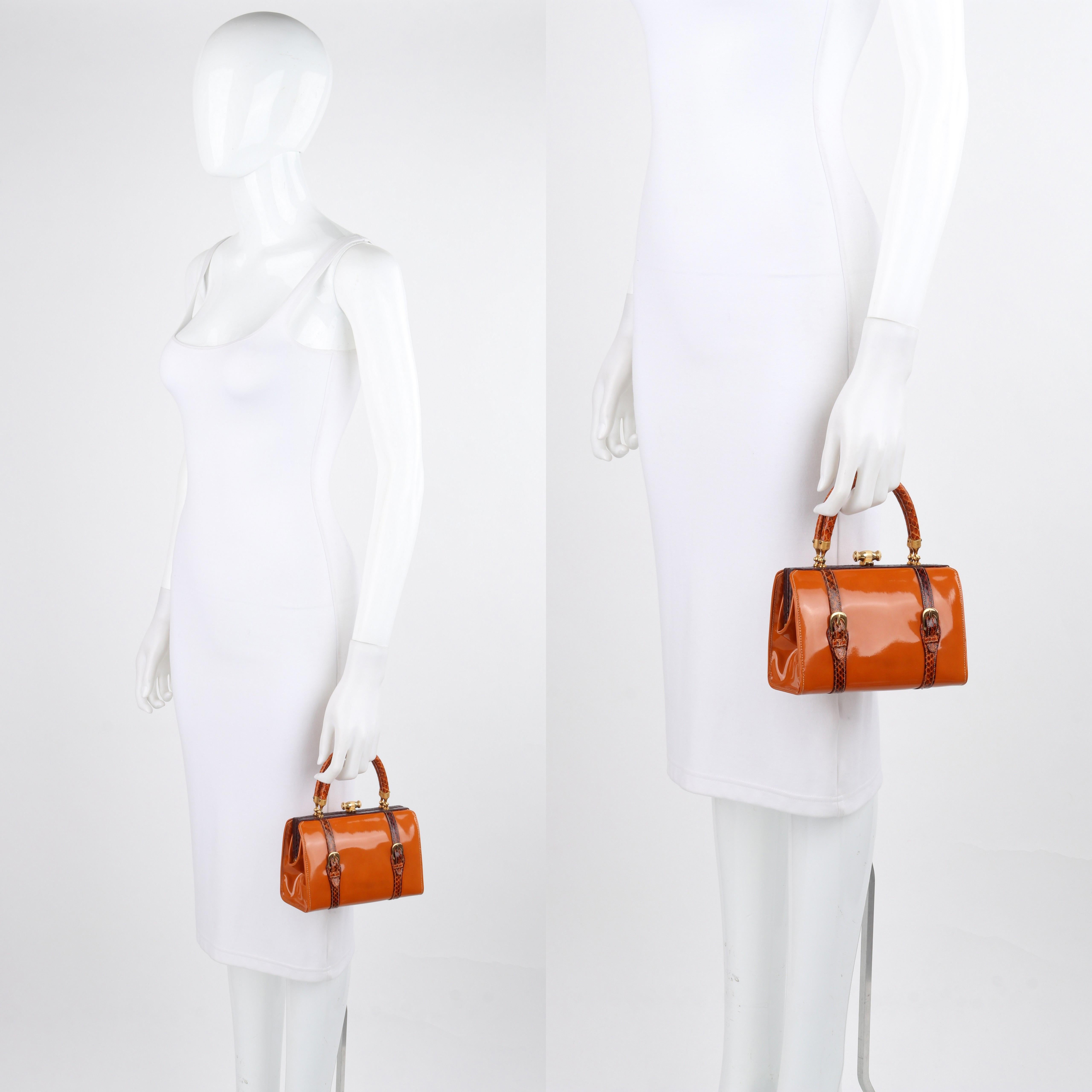 Rosenfeld c.1960's Vtg Orange Patent Leather Snakeskin Small Structured Handbag In Good Condition In Thiensville, WI