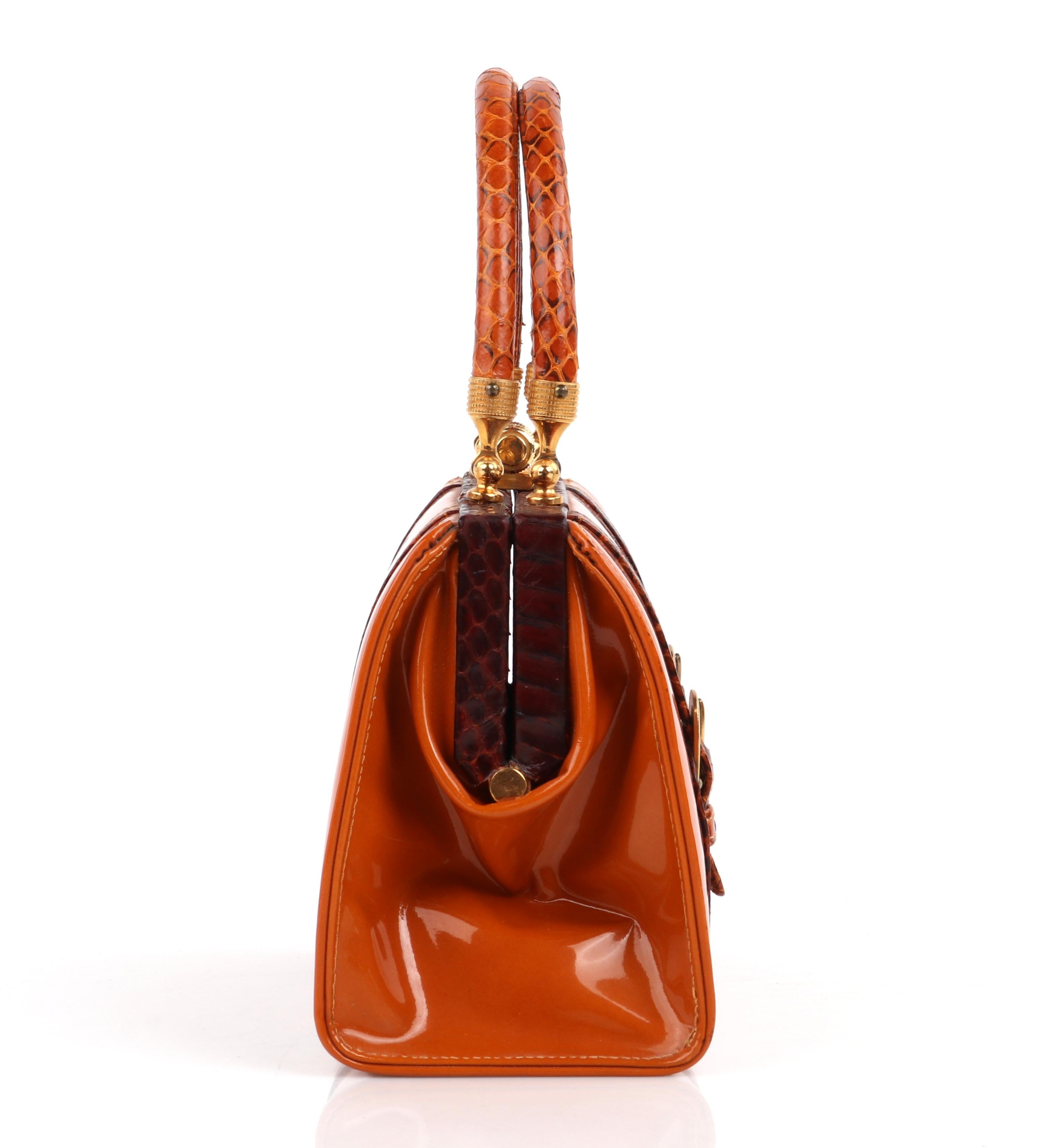 Rosenfeld c.1960's Vtg Orange Patent Leather Snakeskin Small Structured Handbag 1