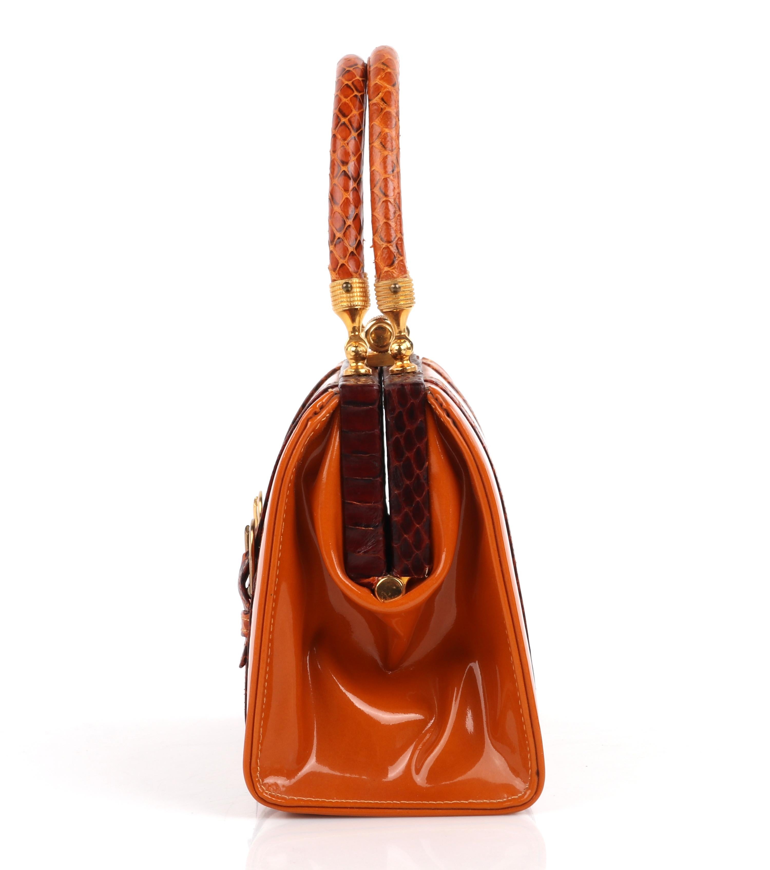 Rosenfeld c.1960's Vtg Orange Patent Leather Snakeskin Small Structured Handbag 2