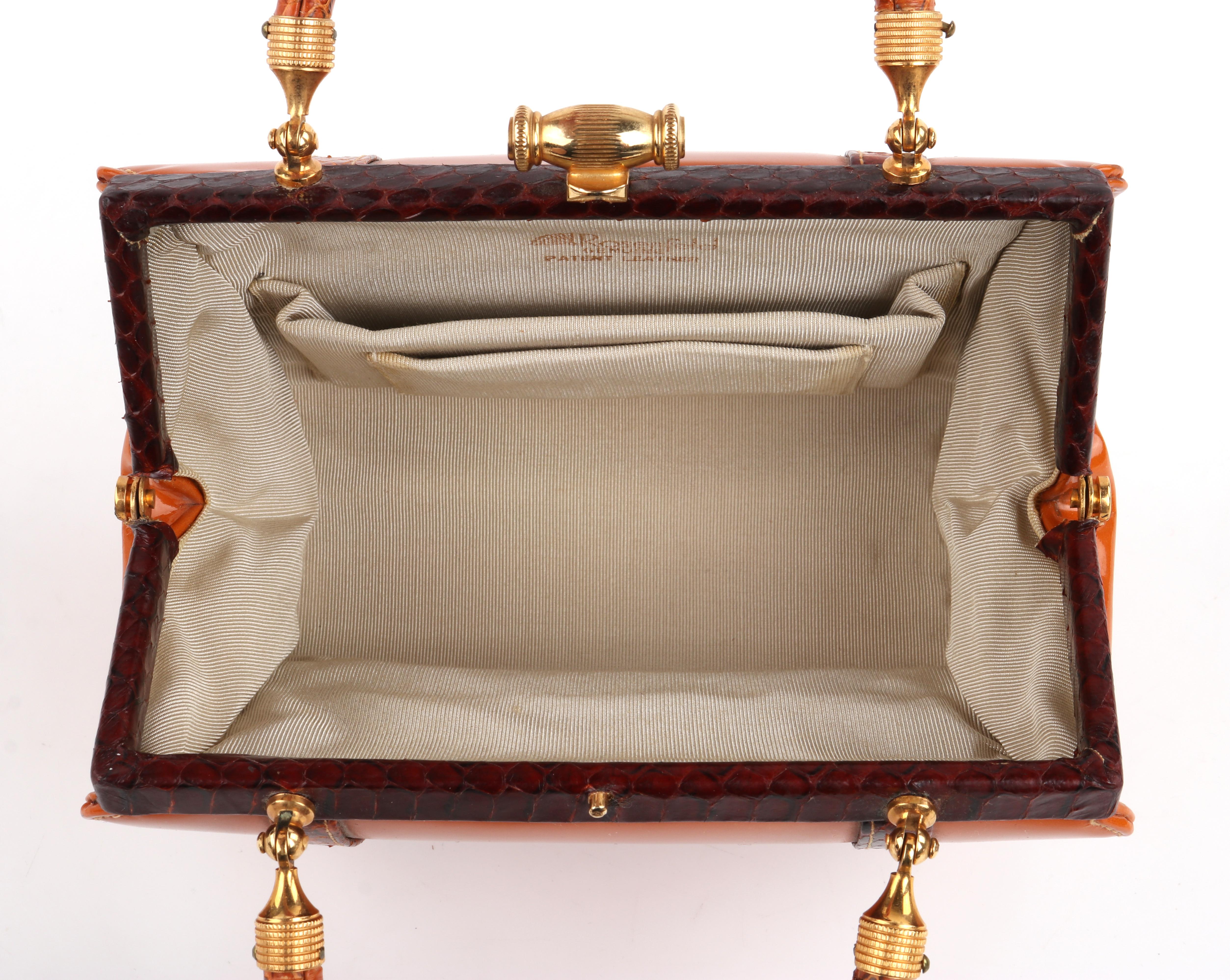 Rosenfeld c.1960's Vtg Orange Patent Leather Snakeskin Small Structured Handbag 3