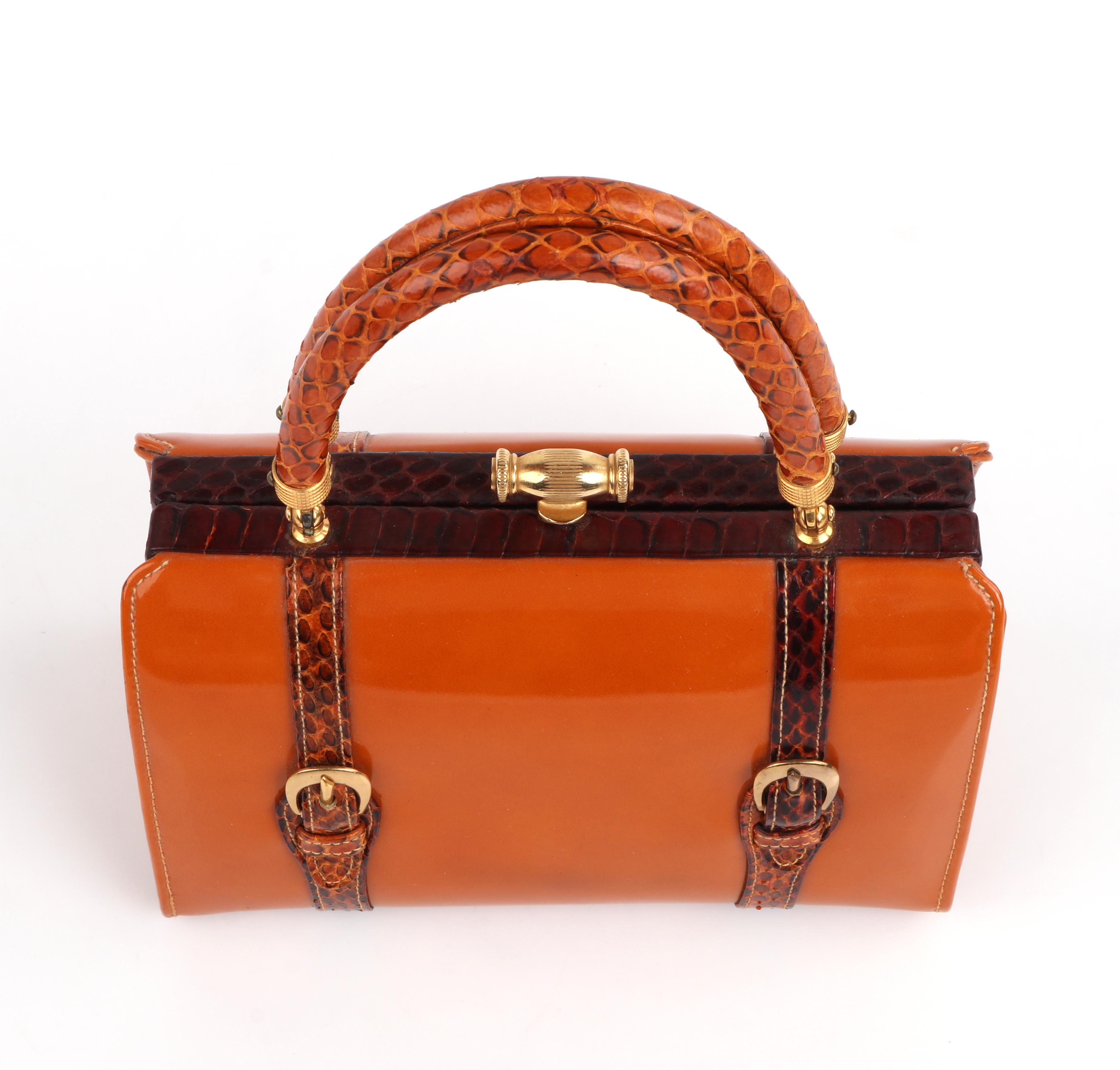 Rosenfeld c.1960's Vtg Orange Patent Leather Snakeskin Small Structured Handbag 4