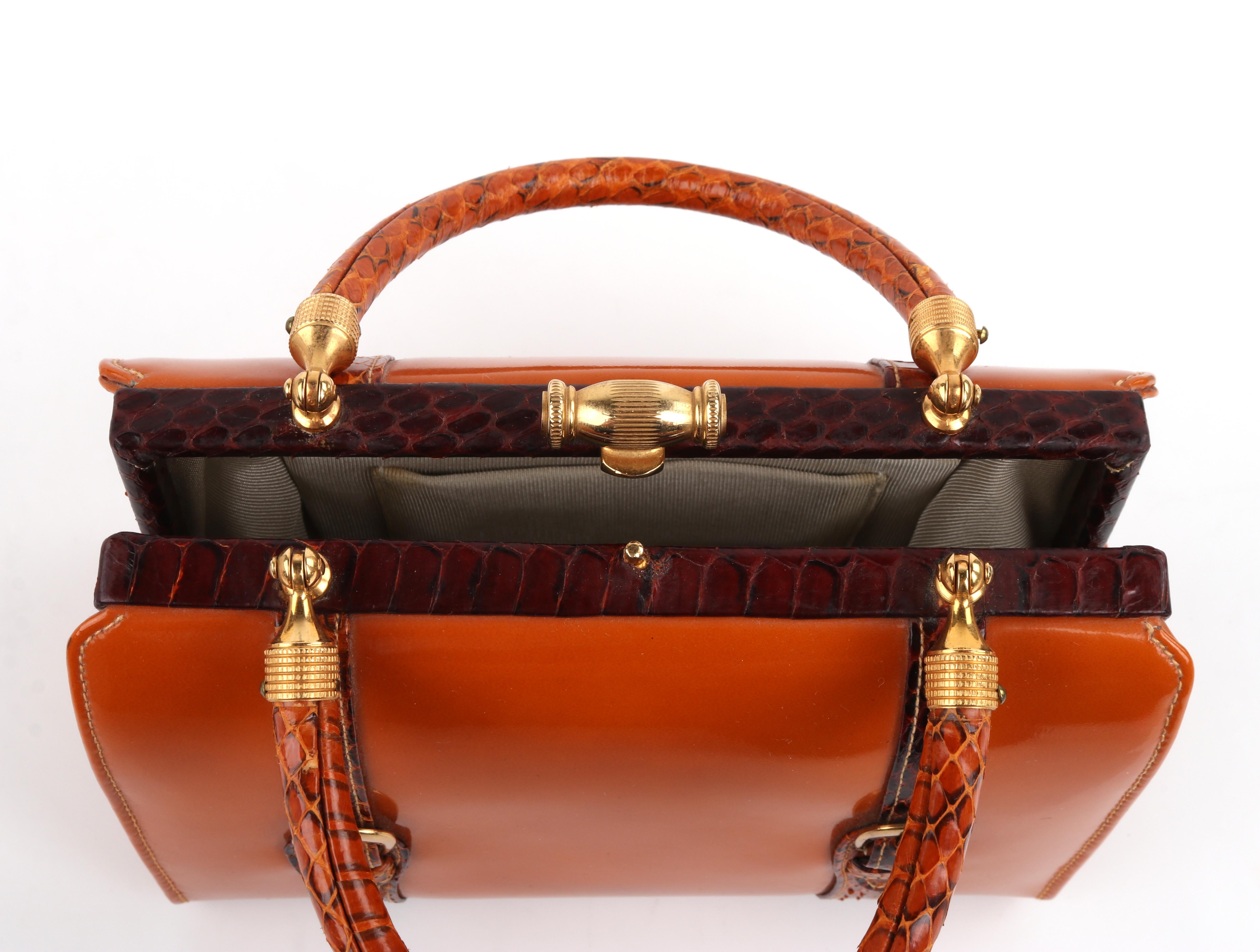 Rosenfeld c.1960's Vtg Orange Patent Leather Snakeskin Small Structured Handbag 5