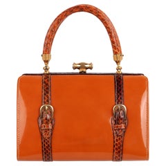 Rosenfeld c.1960's Vtg Orange Patent Leather Snakeskin Small Structured Handbag