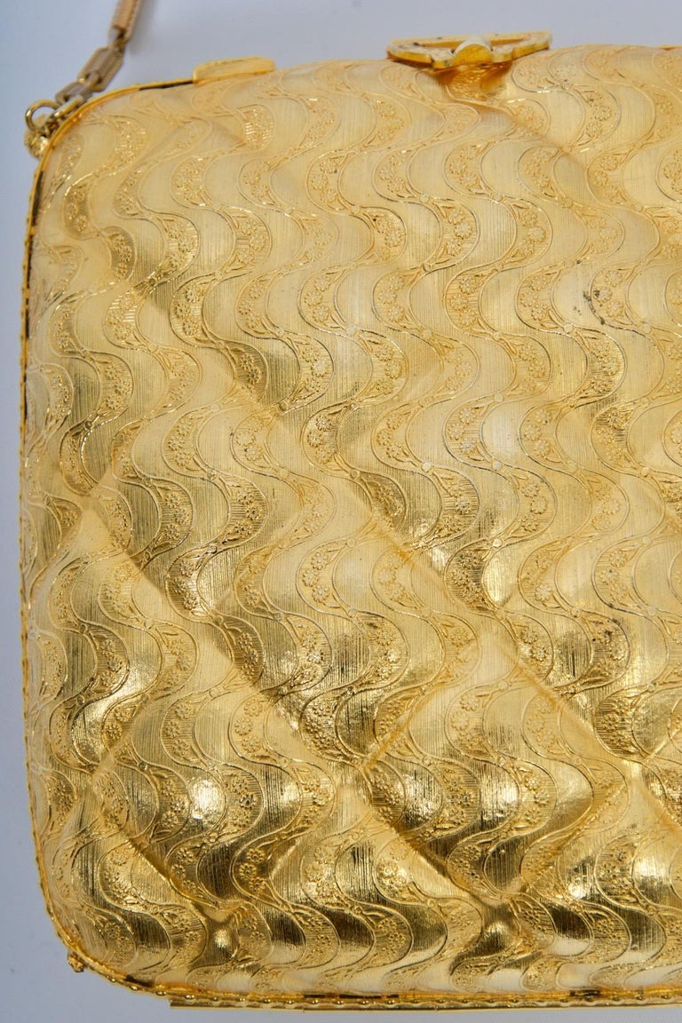 Brown Rosenfeld Embossed Gold Metal Evening Bag For Sale