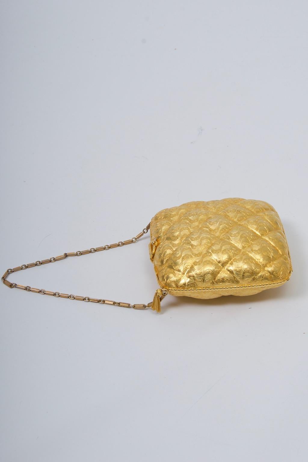 Brown Rosenfeld Embossed Gold Metal Evening Bag For Sale