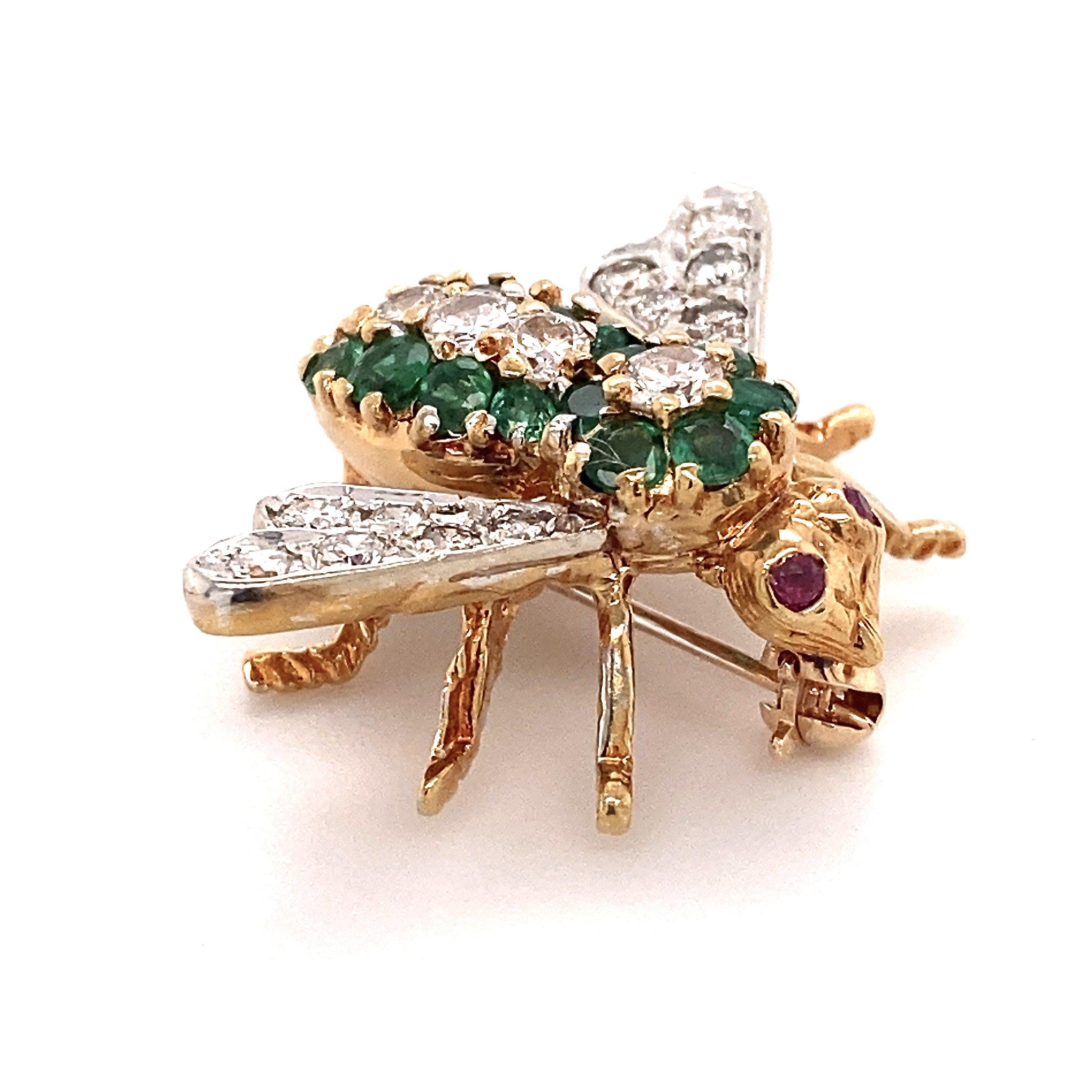 Rosenthal 18KT Yellow Gold Diamond Emerald Bee Pin  In Good Condition In Los Angeles, CA