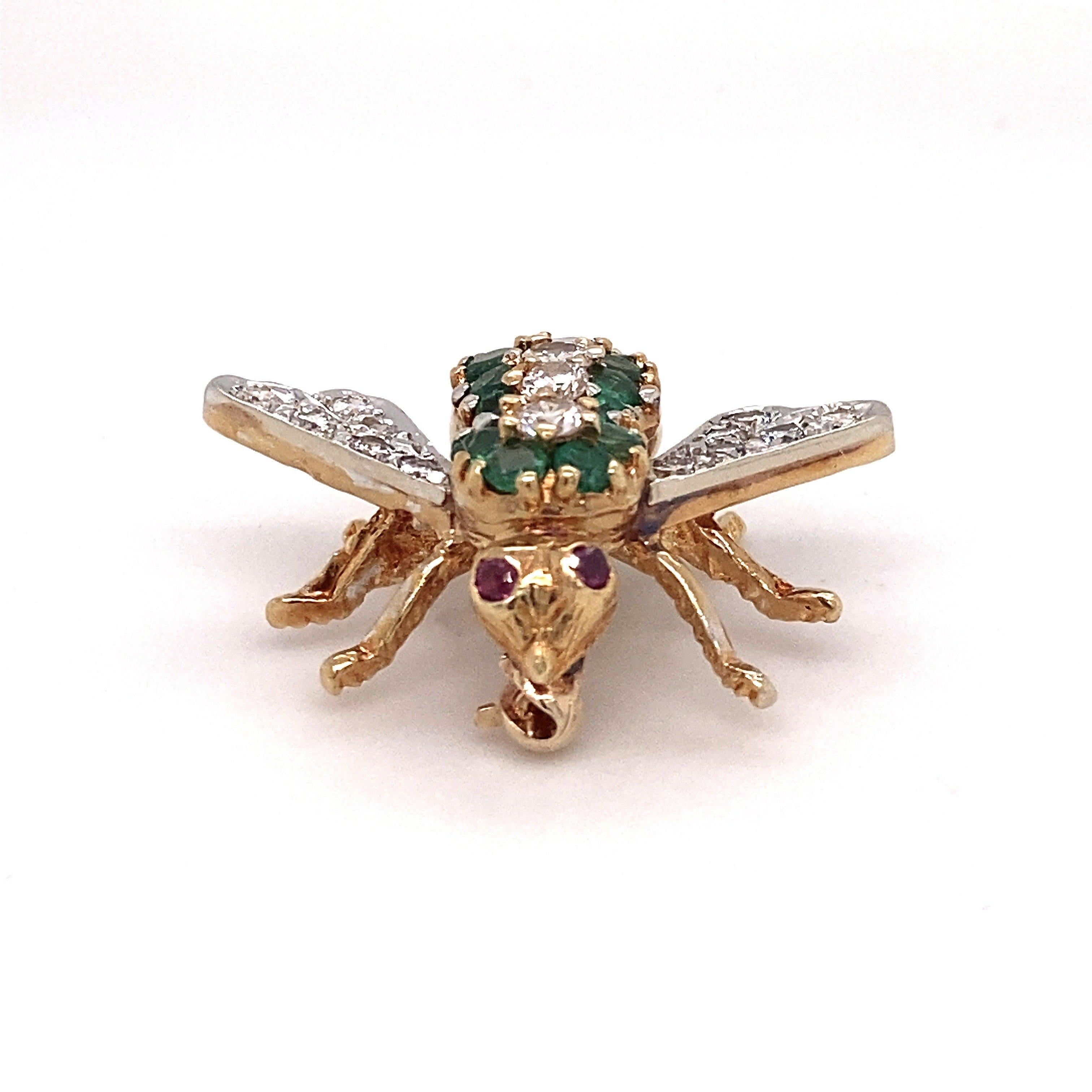 Rosenthal 18KT Yellow Gold Diamond Emerald Bee Pin  1