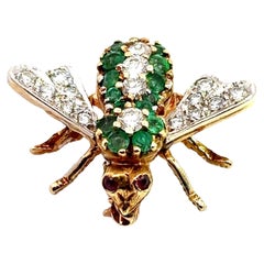 Vintage Rosenthal 18KT Yellow Gold Diamond Emerald Bee Pin 