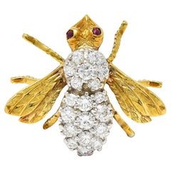 Rosenthal 1960's 1.16 CTW Diamond Ruby 18 Karat Gold Vintage Bee Bug Brooch