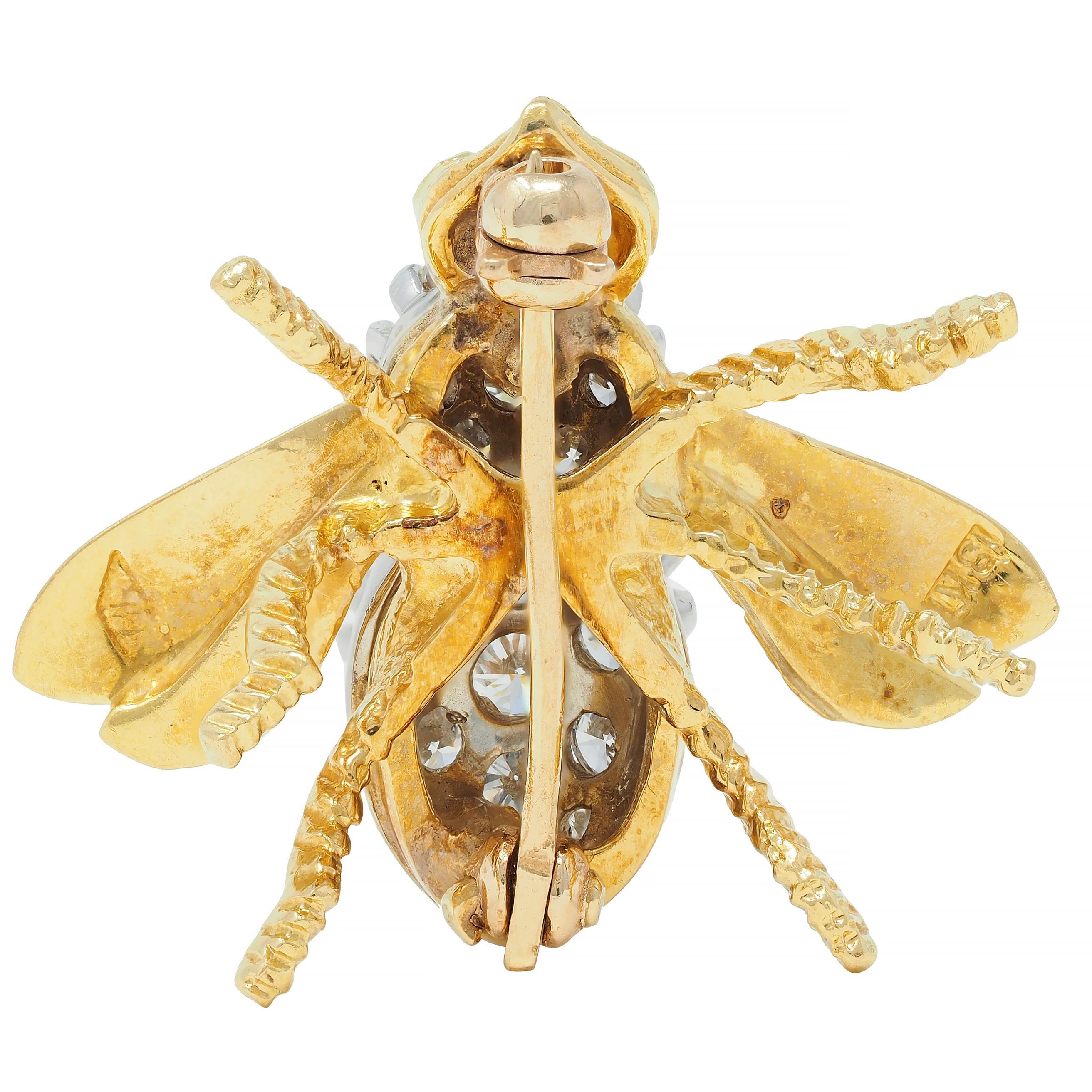 Round Cut Rosenthal 1960's 1.28 CTW Diamond Ruby 18 Karat Two-Tone Gold Vintage Bee Brooch