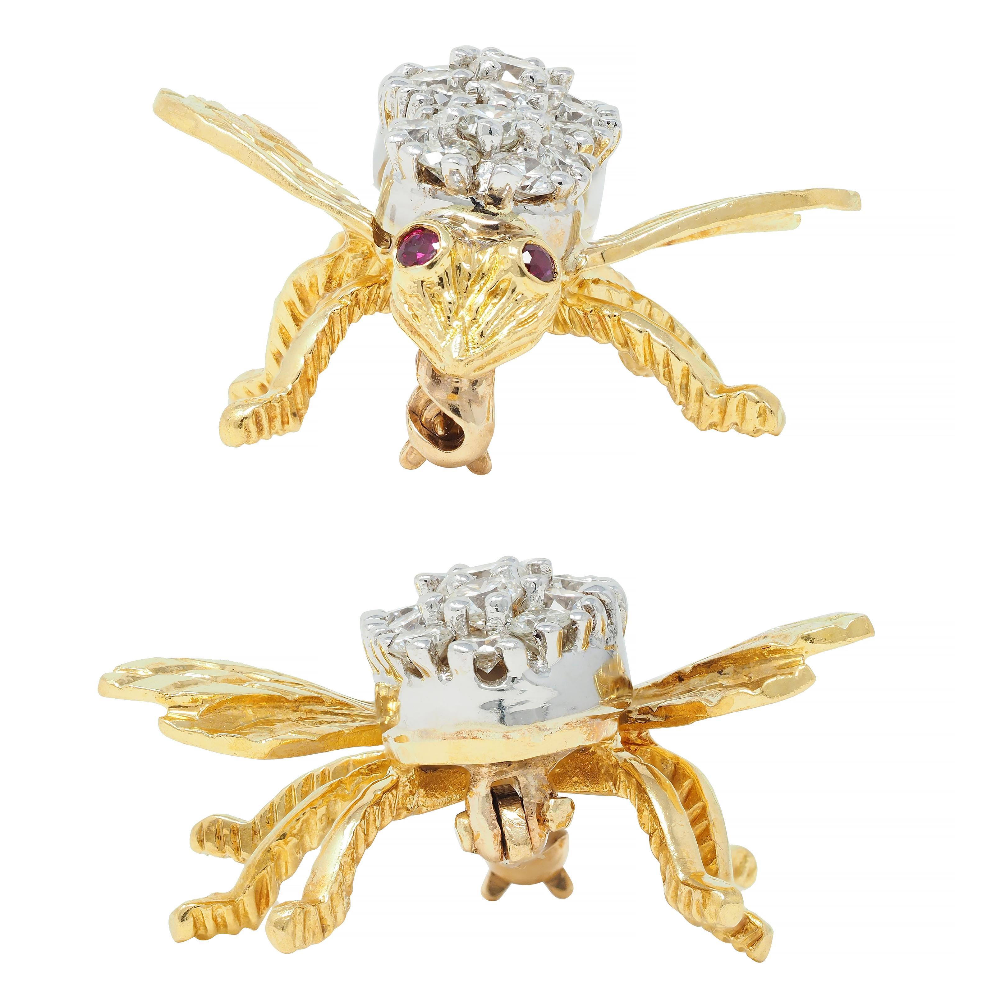 Women's or Men's Rosenthal 1960's 1.28 CTW Diamond Ruby 18 Karat Two-Tone Gold Vintage Bee Brooch