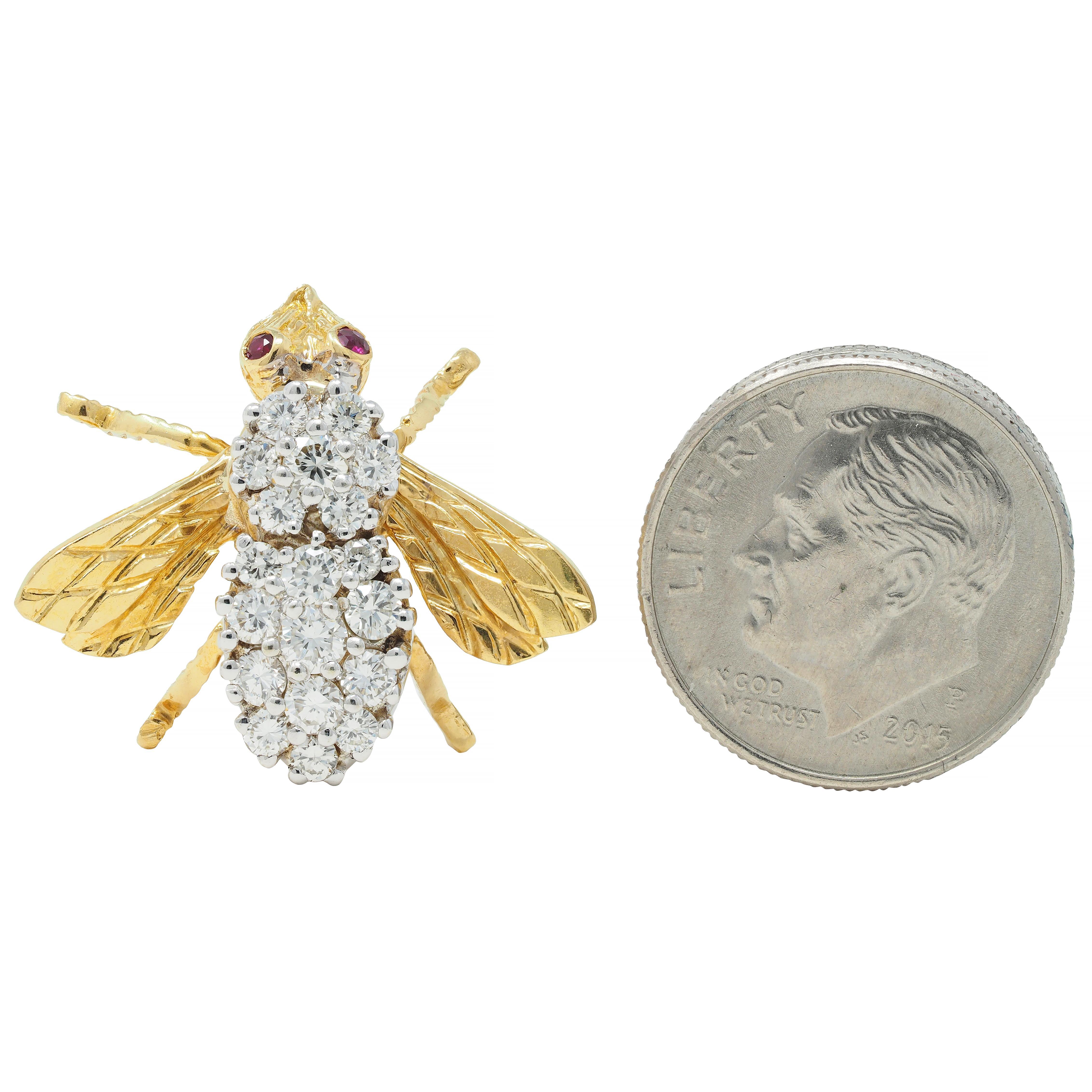 Rosenthal 1960's 1.28 CTW Diamond Ruby 18 Karat Two-Tone Gold Vintage Bee Brooch 1