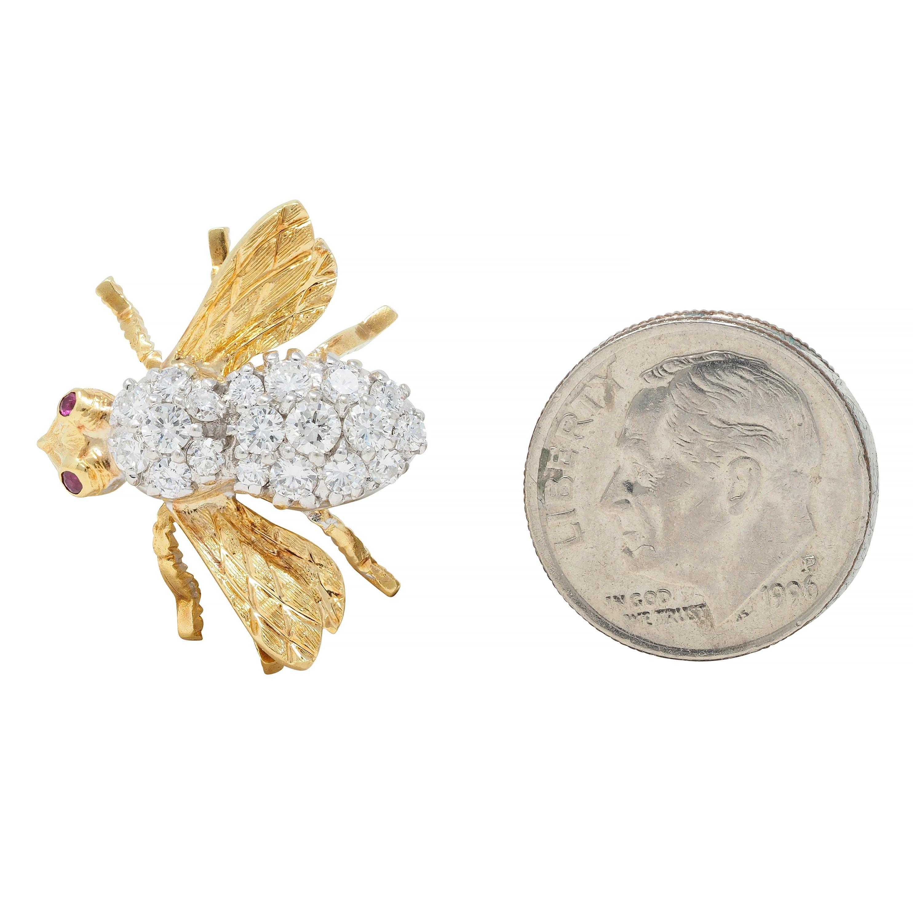 Rosenthal 1960's 1.28 CTW Diamond Ruby 18 Karat Two-Tone Gold Vintage Bee Brooch 2