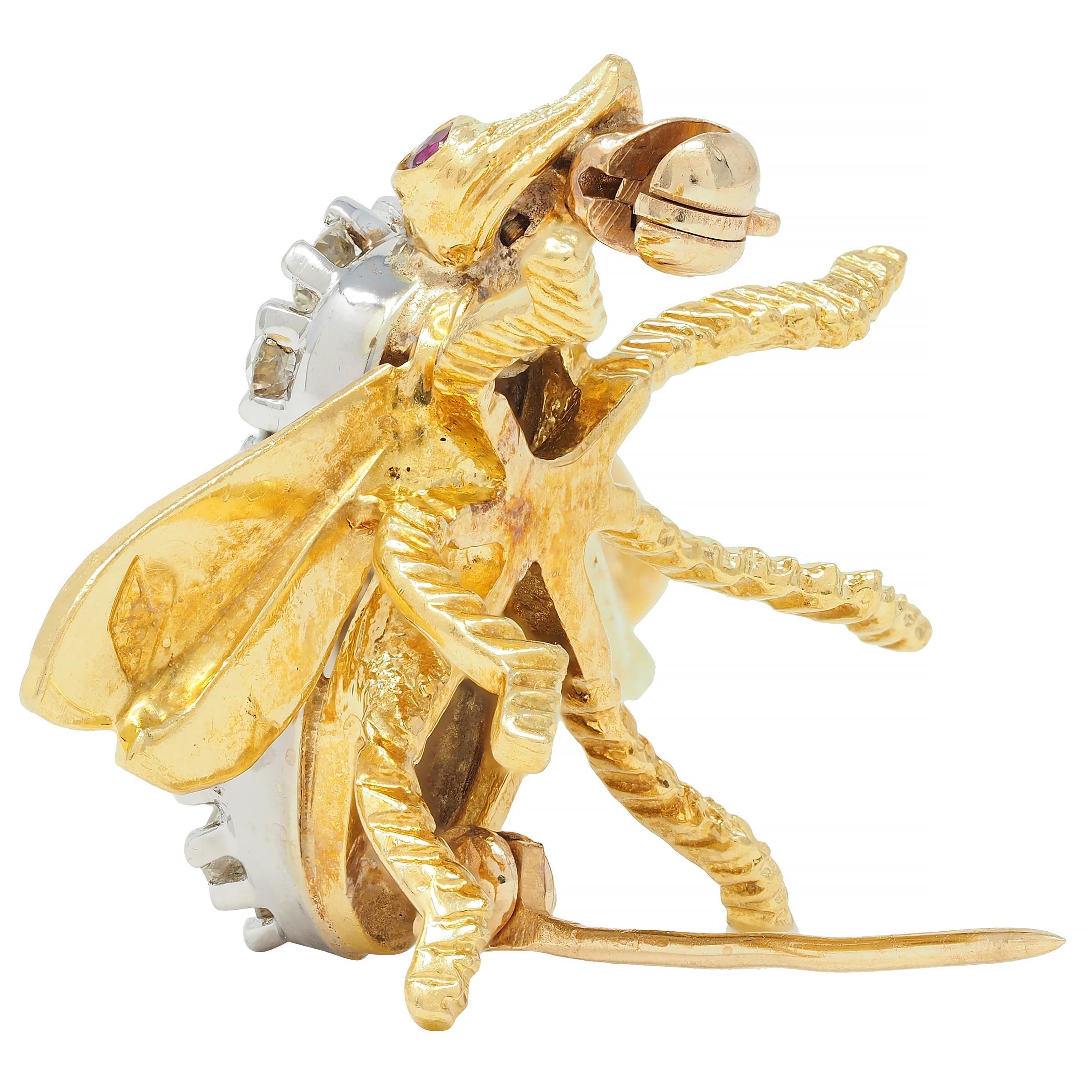 Rosenthal 1960's 1.28 CTW Diamond Ruby 18 Karat Two-Tone Gold Vintage Bee Brooch 3