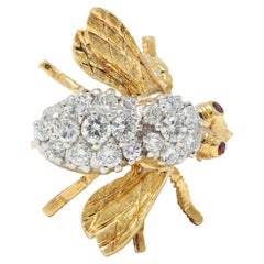 Rosenthal, broche abeille vintage en or bicolore 18 carats avec diamants 1,28 carat poids total et rubis, années 1960