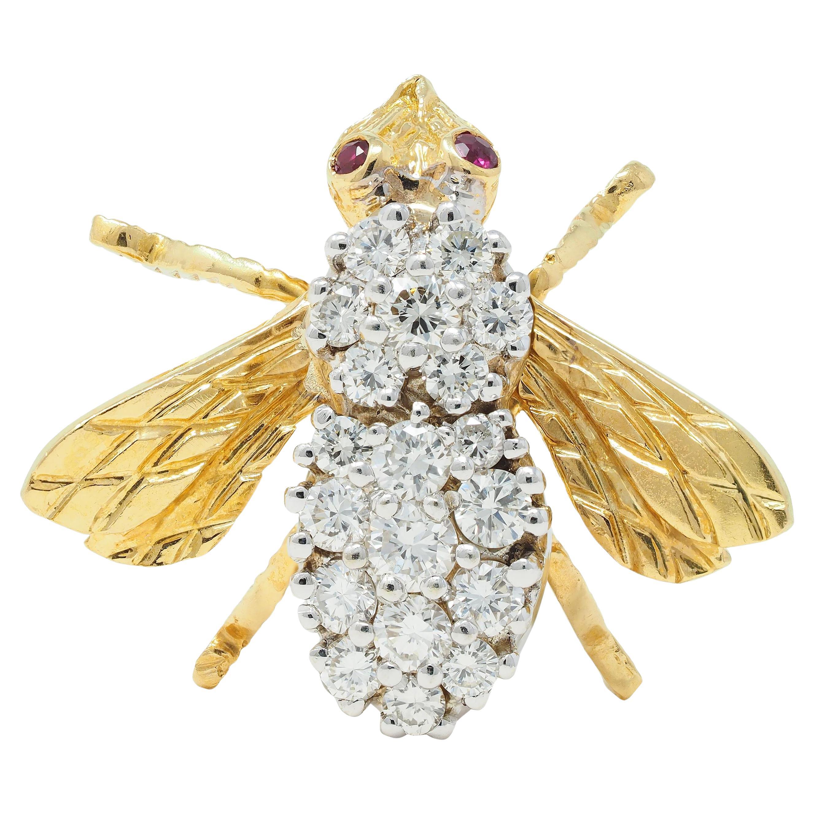 Rosenthal 1960's 1.28 CTW Diamond Ruby 18 Karat Two-Tone Gold Vintage Bee Brooch For Sale