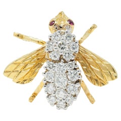 Rosenthal, broche abeille vintage en or bicolore 18 carats avec diamants 1,28 carat poids total et rubis, années 1960