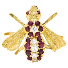 Rosenthal 1960s Diamond Ruby 18 Karat Yellow Gold Bee Vintage Brooch