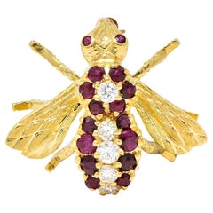 Rosenthal 1960s Diamond Ruby 18 Karat Yellow Gold Bee Vintage Brooch