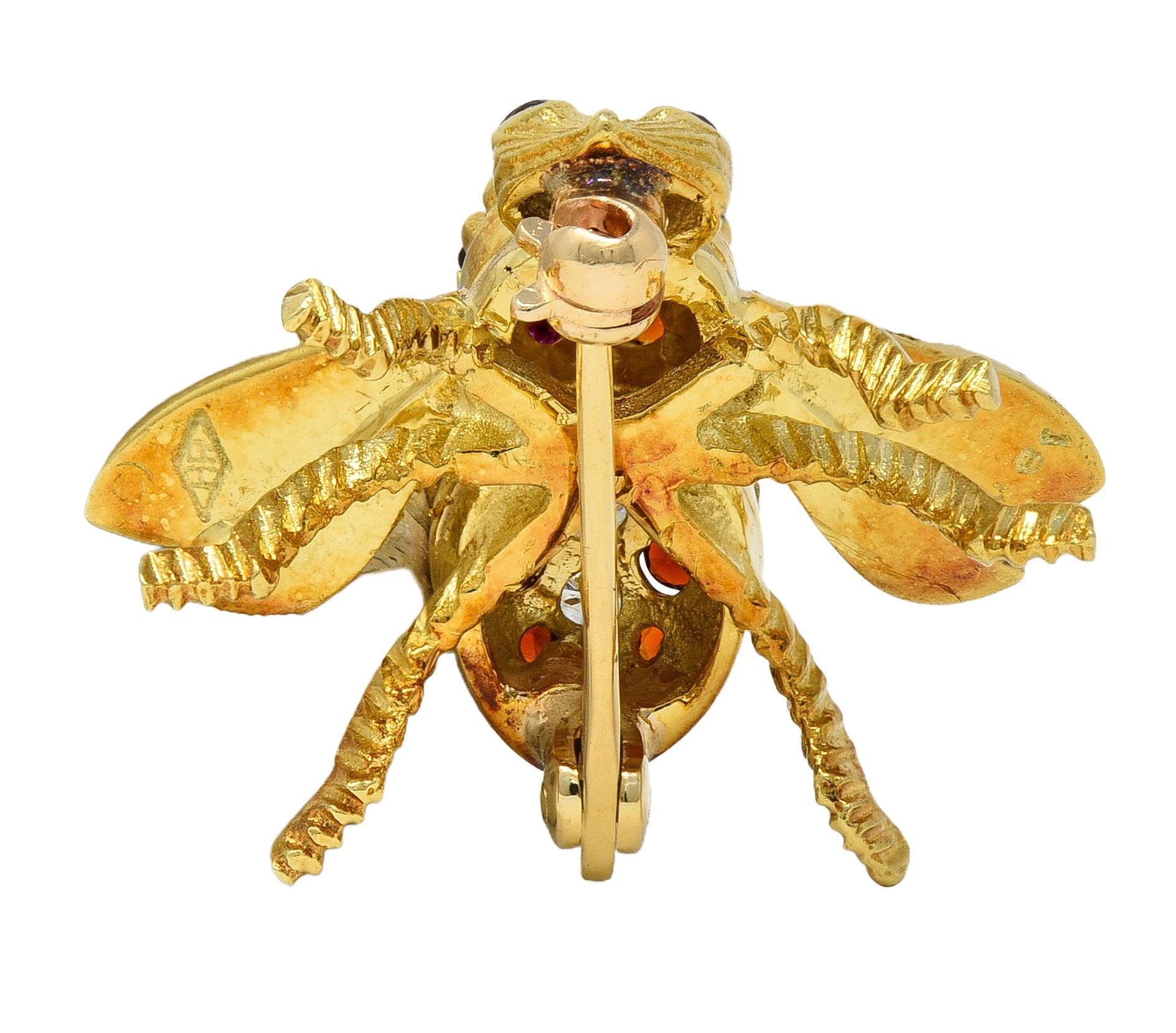Rosenthal 1960's Diamant Rubin Citrin 18K Gelbgold Vintage Bee Bug Brosche (Rundschliff) im Angebot