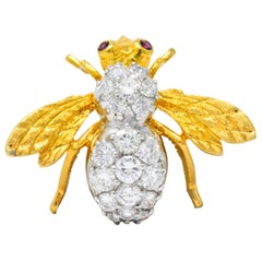 Rosenthal 1970s 2.00 Carats Diamond Ruby Platinum 18 Karat Gold Bee Bug Brooch