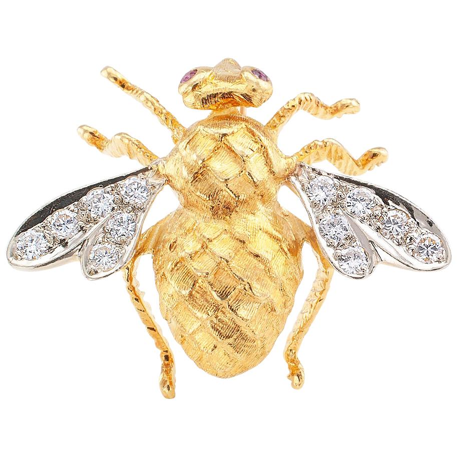 Rosenthal 1970s Honey Bee Diamond Ruby Gold Brooch