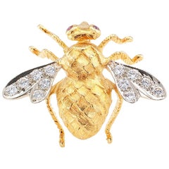 Rosenthal 1970s Honey Bee Diamond Ruby Gold Brooch