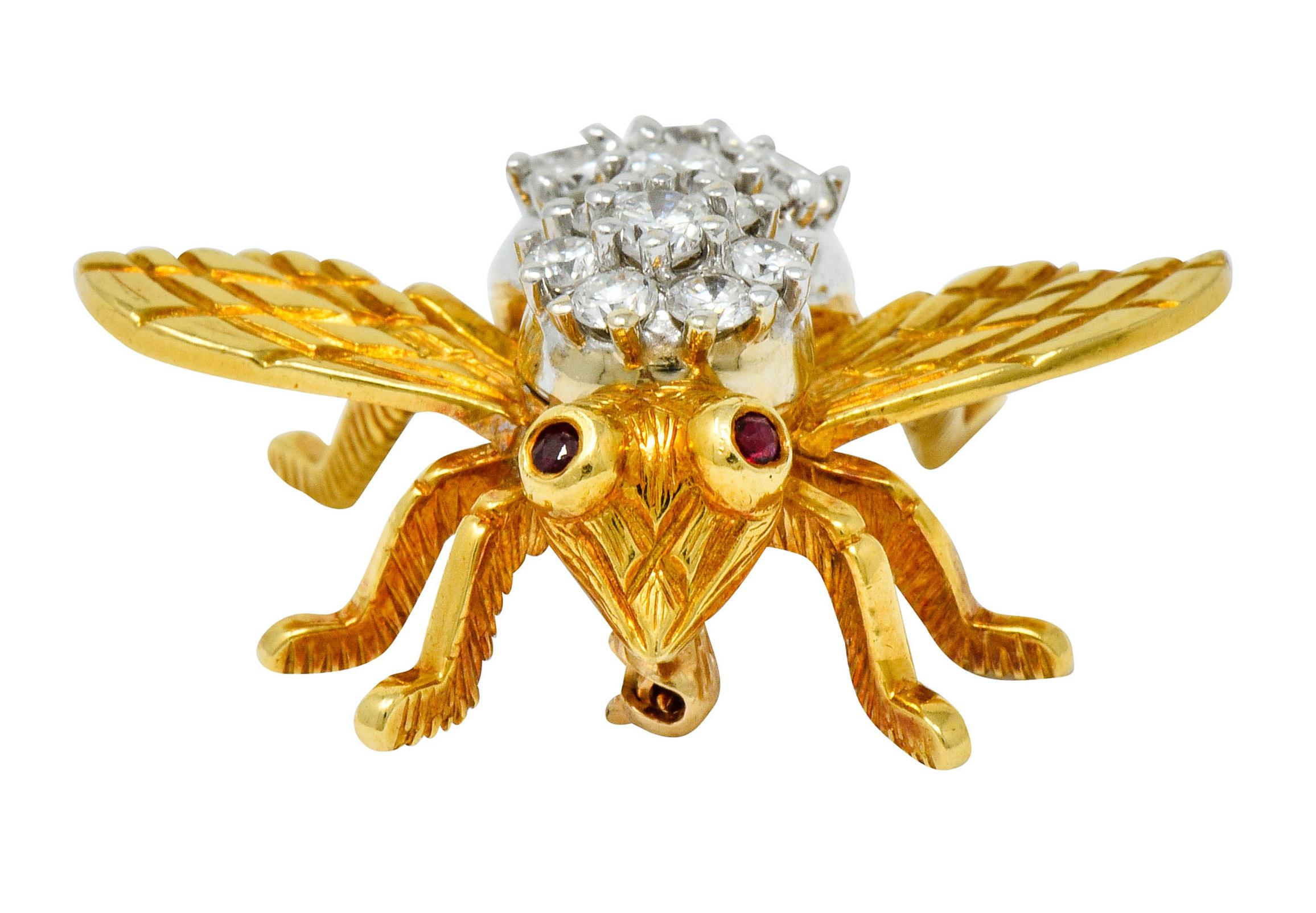 Rosenthal 2.75 Carat Diamond Ruby Platinum 18 Karat Gold Insect Bee Brooch In Excellent Condition In Philadelphia, PA