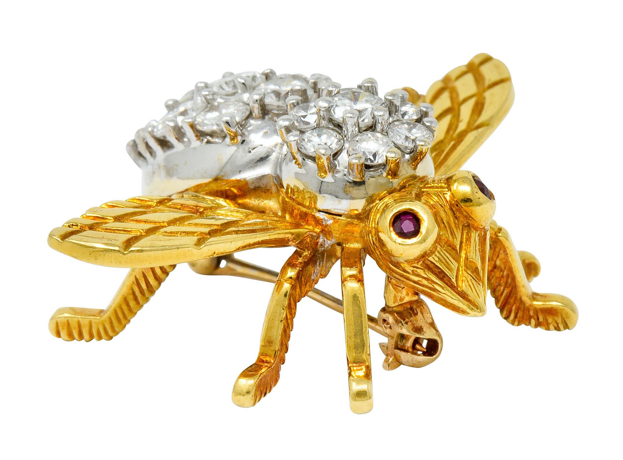Women's or Men's Rosenthal 2.75 Carat Diamond Ruby Platinum 18 Karat Gold Insect Bee Brooch