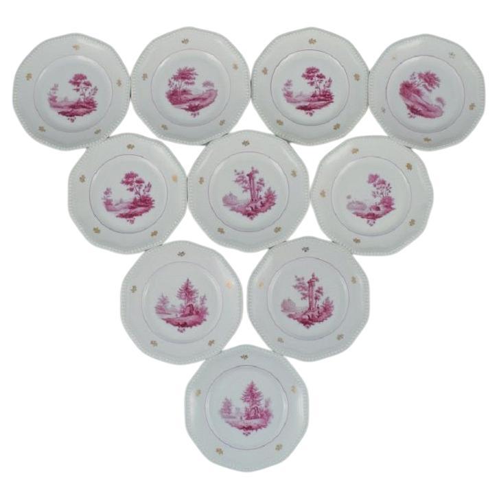 Rosenthal, Set of Ten Plates, Hand-Painted in Purple with Landscape Scenes