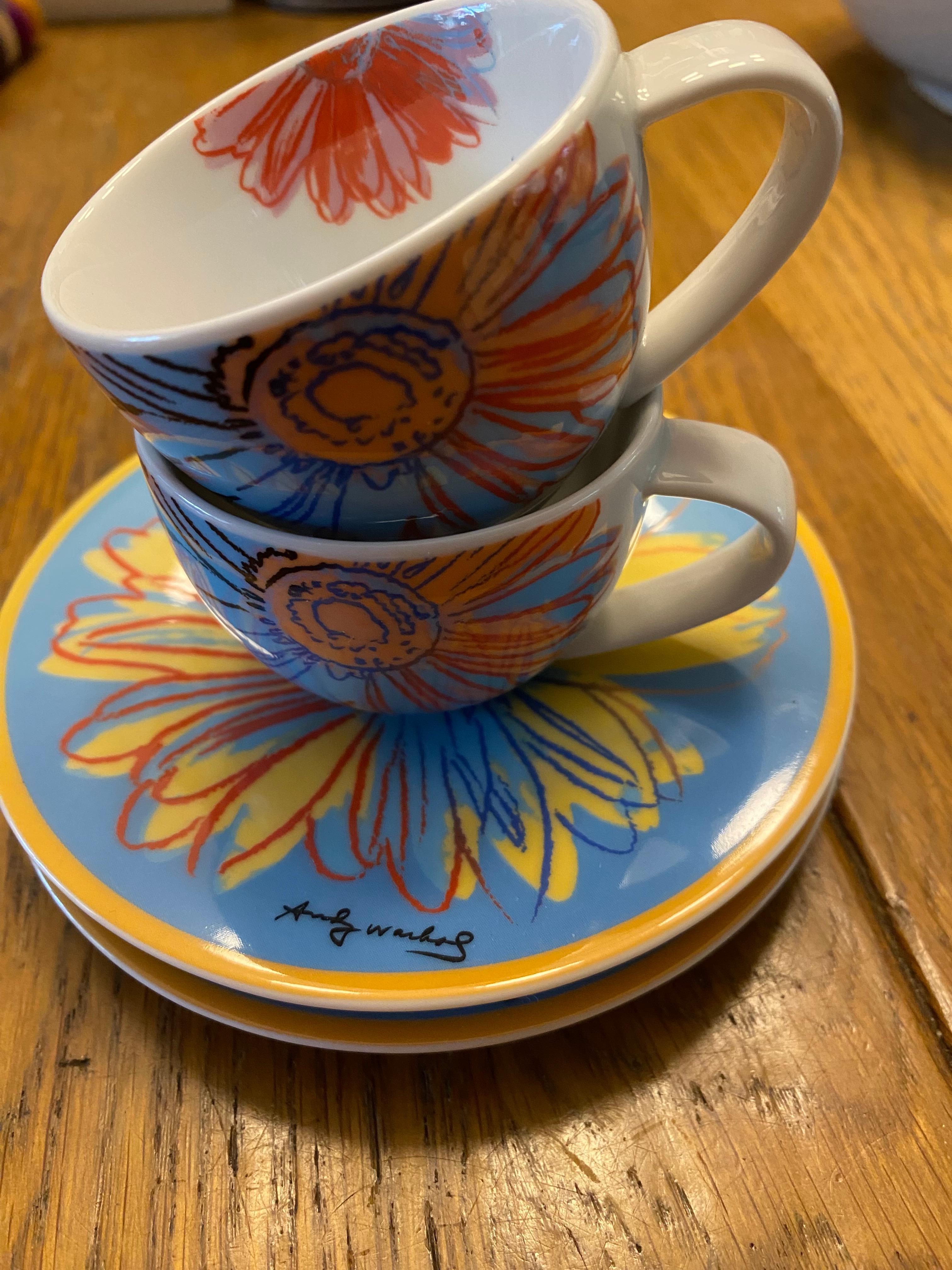 Hand-Painted Rosenthal Andy Warhol ‘Daisy' a set of 2 Espresso Cups and Saucers For Sale