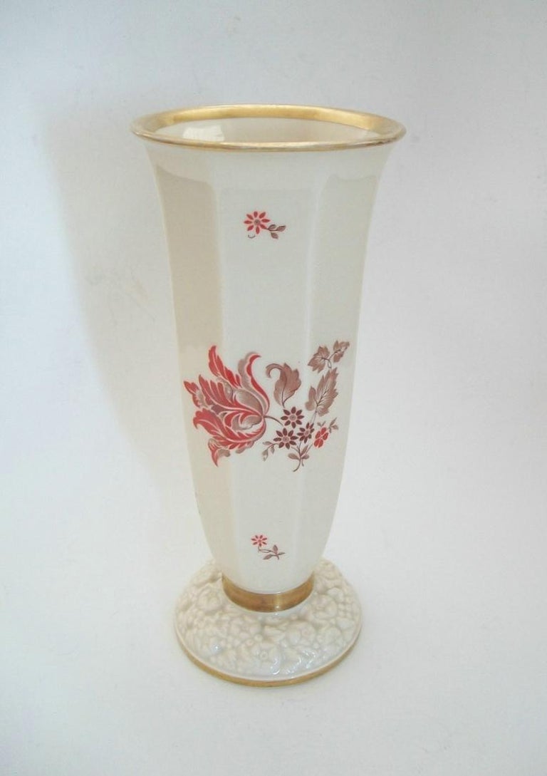 Rosenthal, Art Deco Porcelain Trumpet Vase with Flowers and Gilding