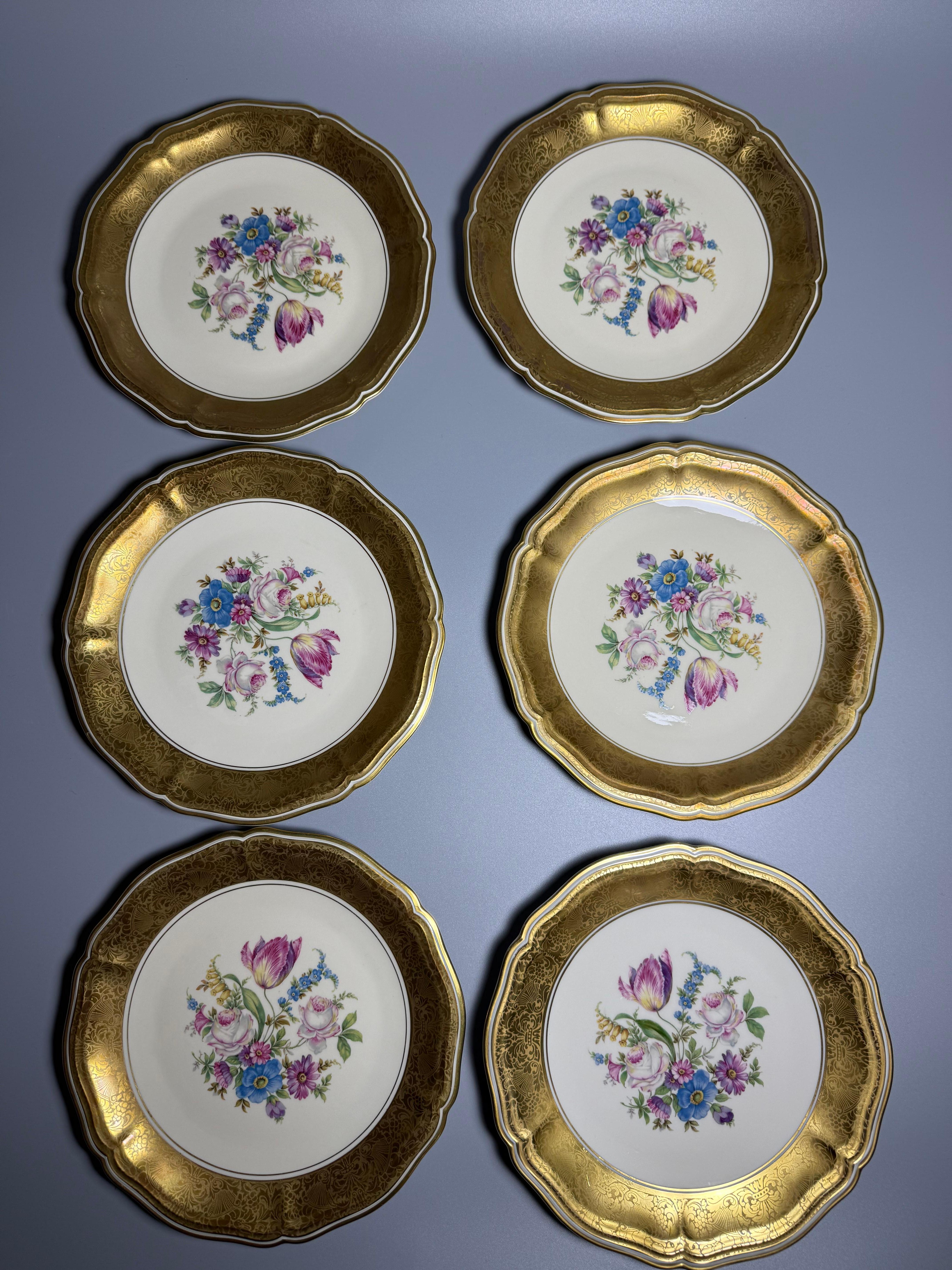 Rosenthal Chippendale Germany 6 luxury plates Gold Flowers 1950s For Sale 5
