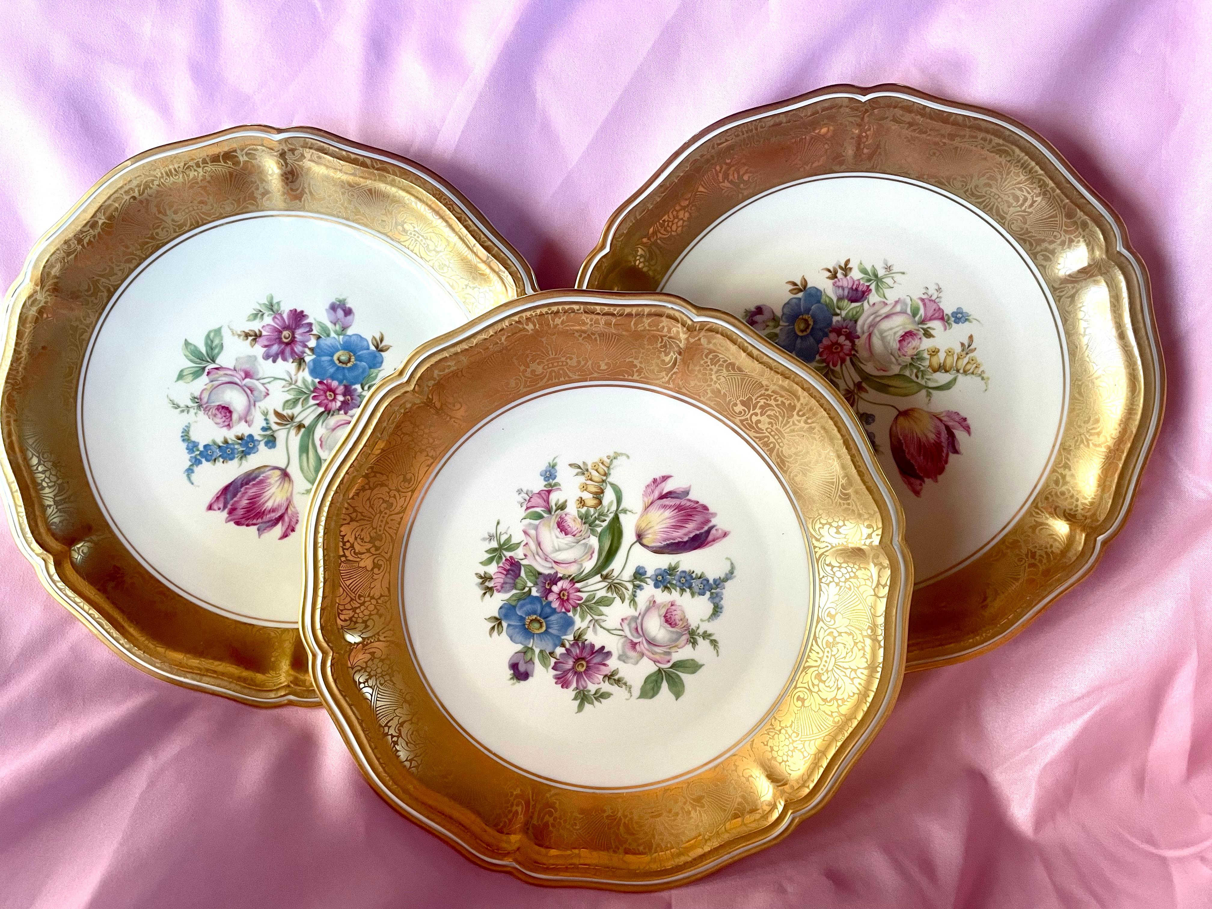 Rosenthal Chippendale Germany 6 luxury plates Gold Flowers 1950s For Sale 10