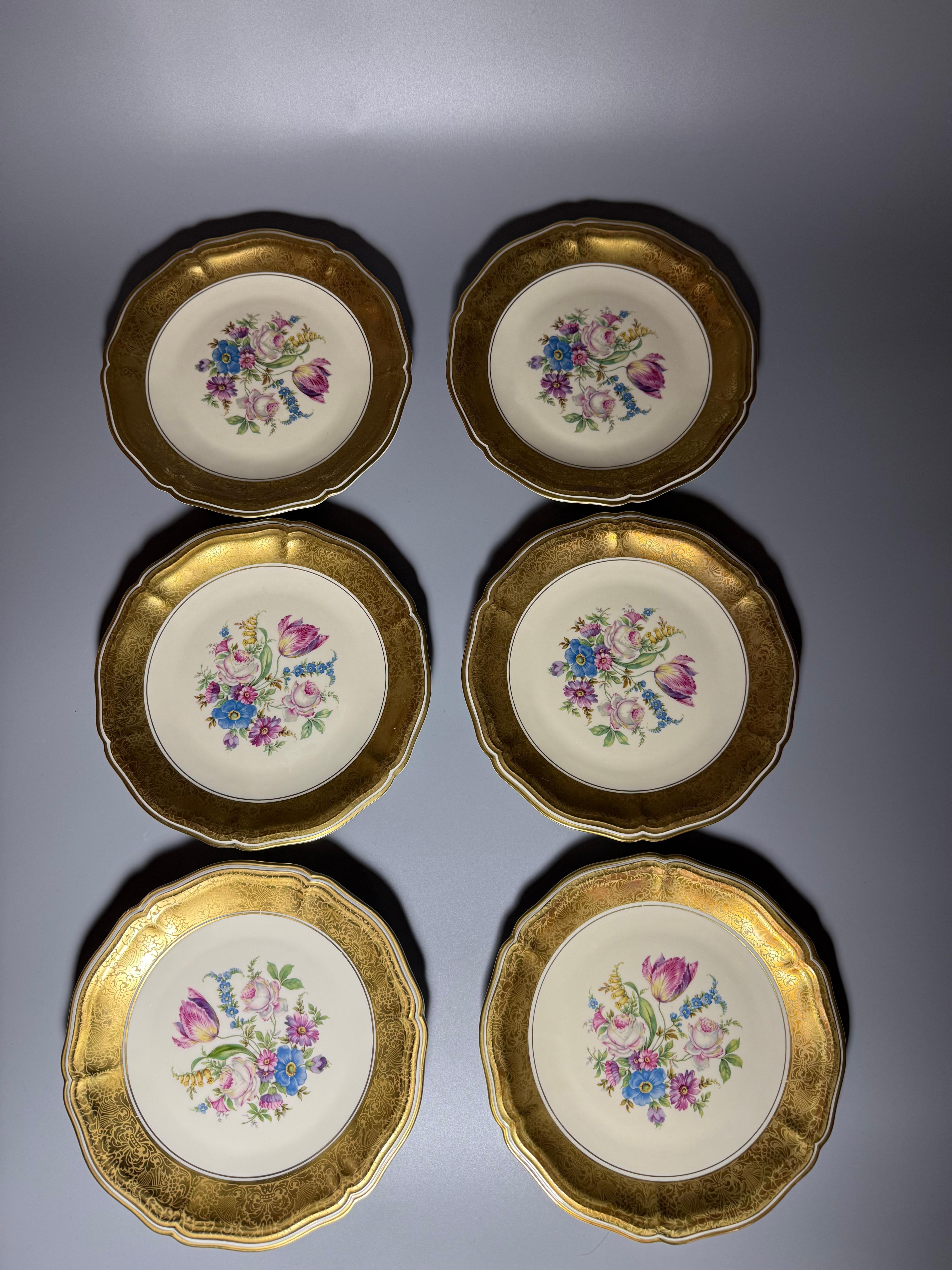 These gorgeous Rosenthal Chippendale German plates are  wonderful collection pieces!
1950s
D 19,7 cm ( 7,85 inches)

Rich gilt and amazing bouquet 

All 6 plates are in very good vintage condition 
Please check carefully all photos 