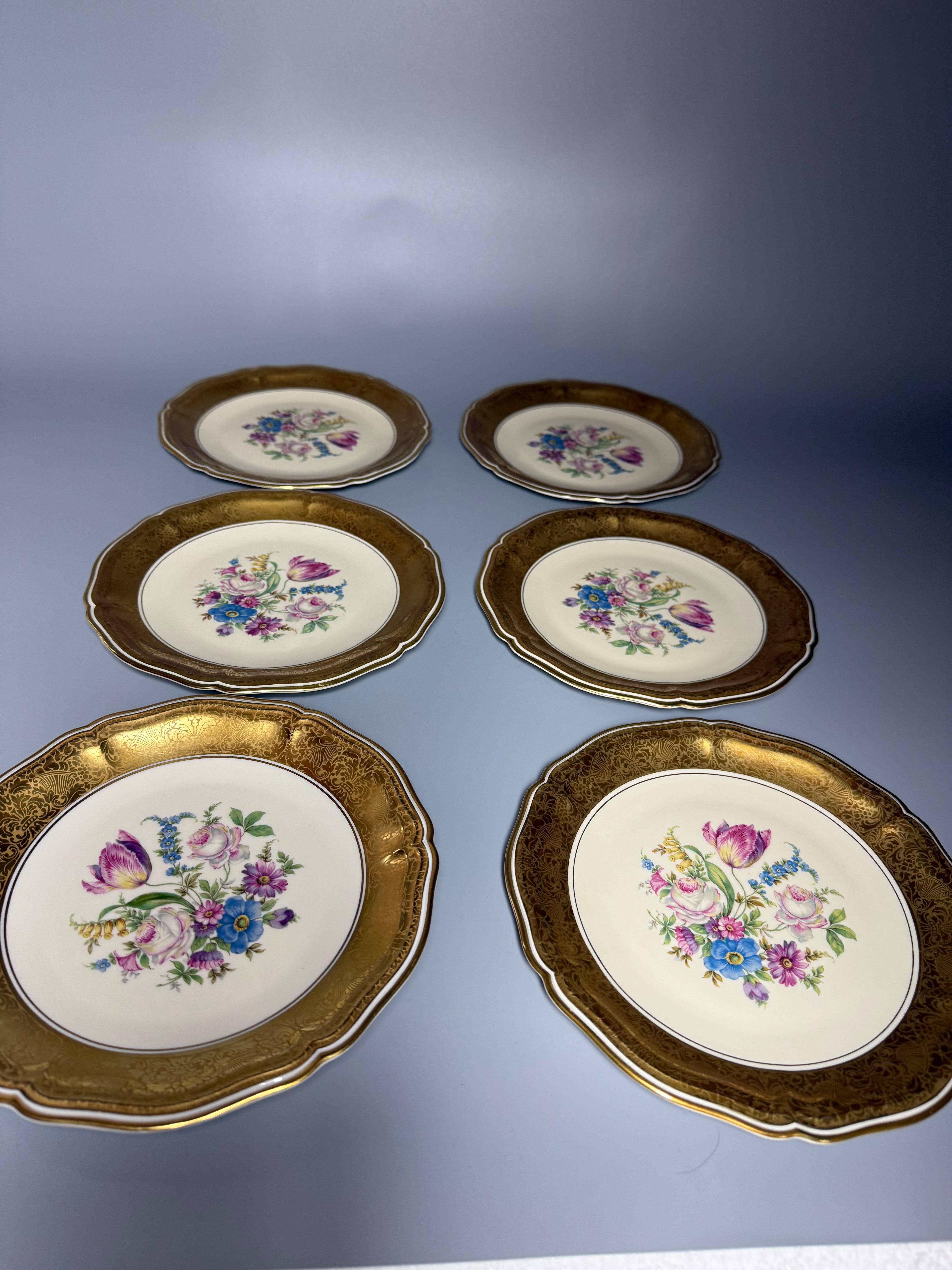 Gilt Rosenthal Chippendale Germany 6 luxury plates Gold Flowers 1950s For Sale