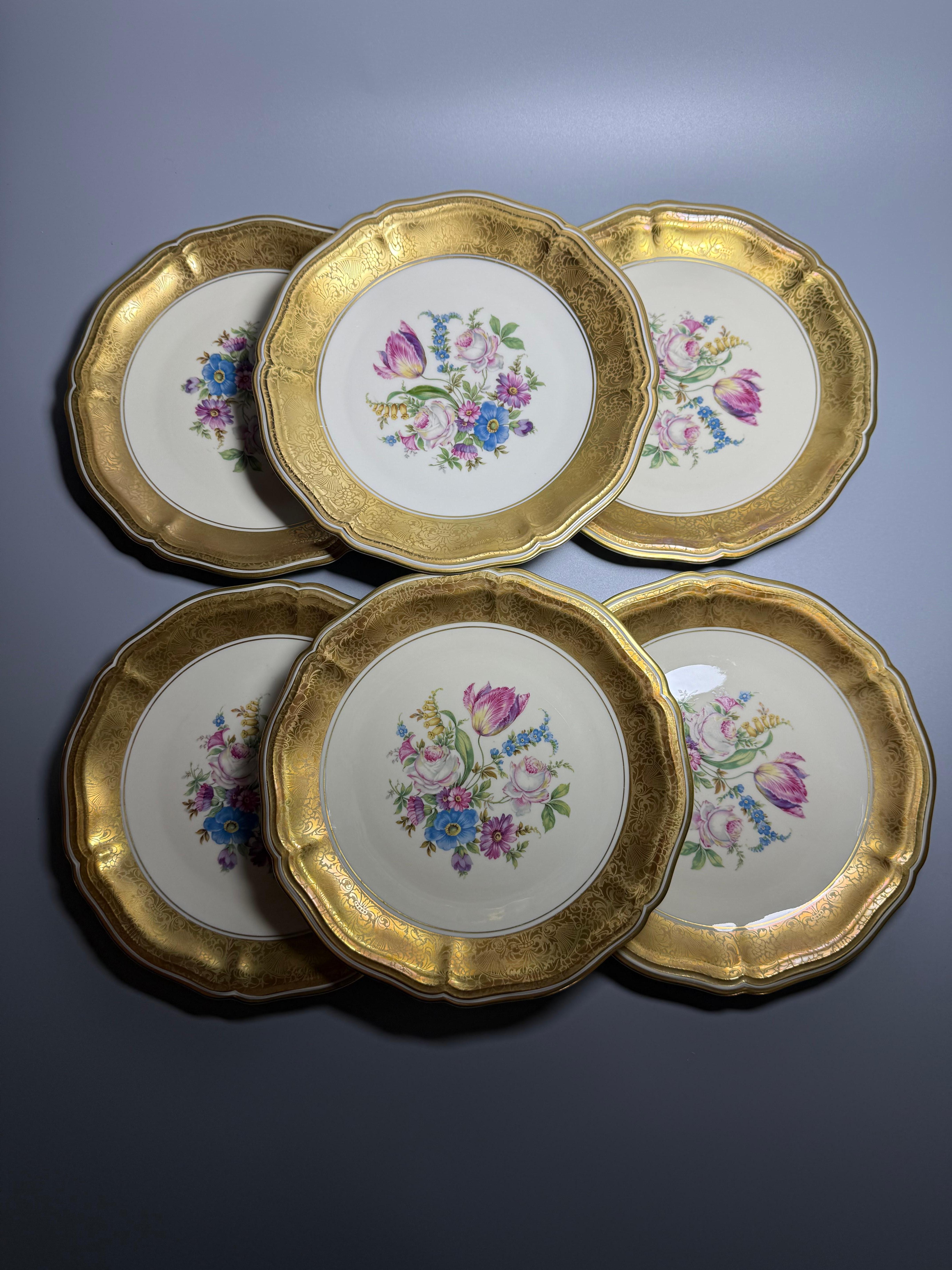 20th Century Rosenthal Chippendale Germany 6 luxury plates Gold Flowers 1950s For Sale