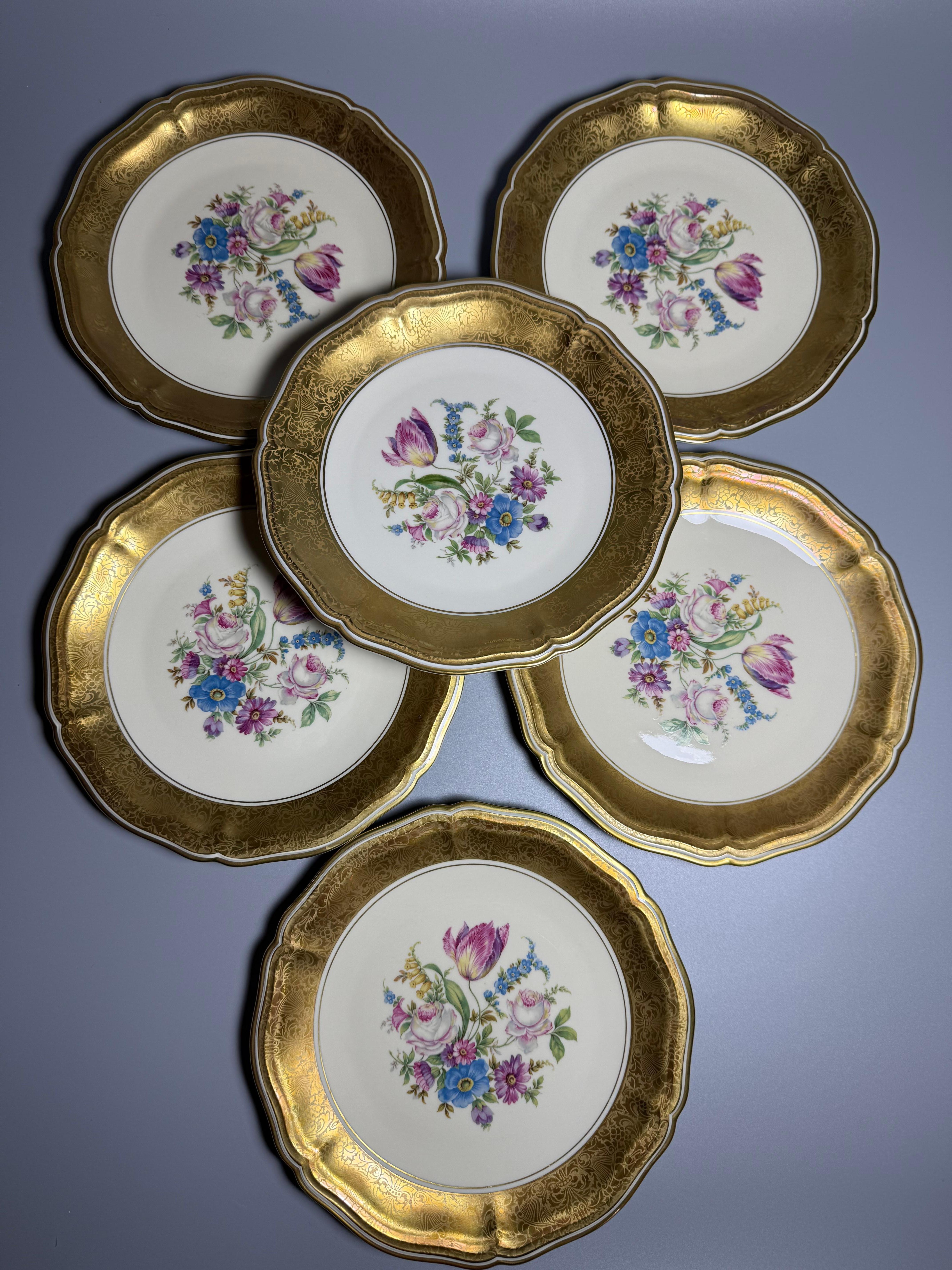 Porcelain Rosenthal Chippendale Germany 6 luxury plates Gold Flowers 1950s For Sale