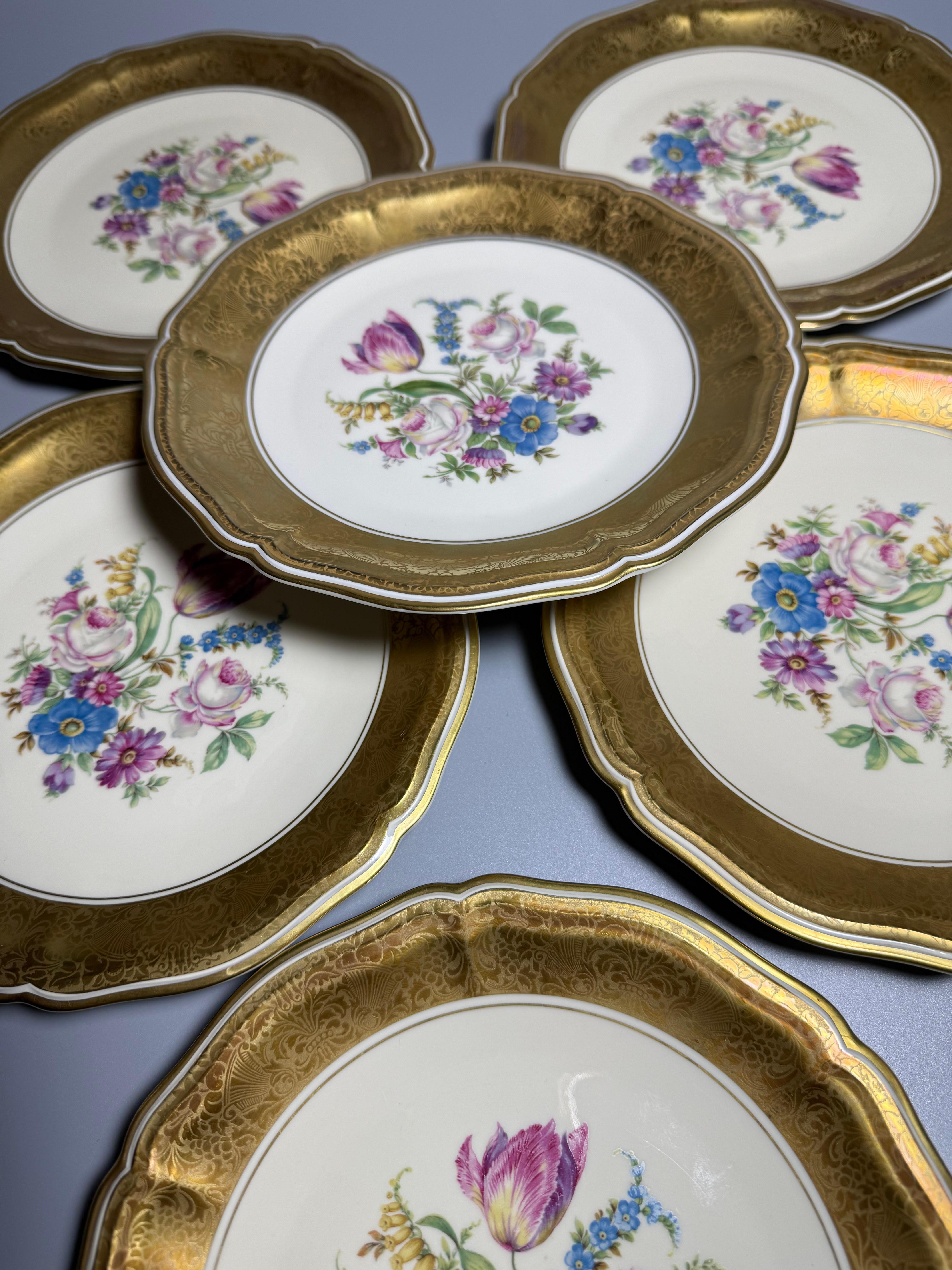 Rosenthal Chippendale Germany 6 luxury plates Gold Flowers 1950s For Sale 1
