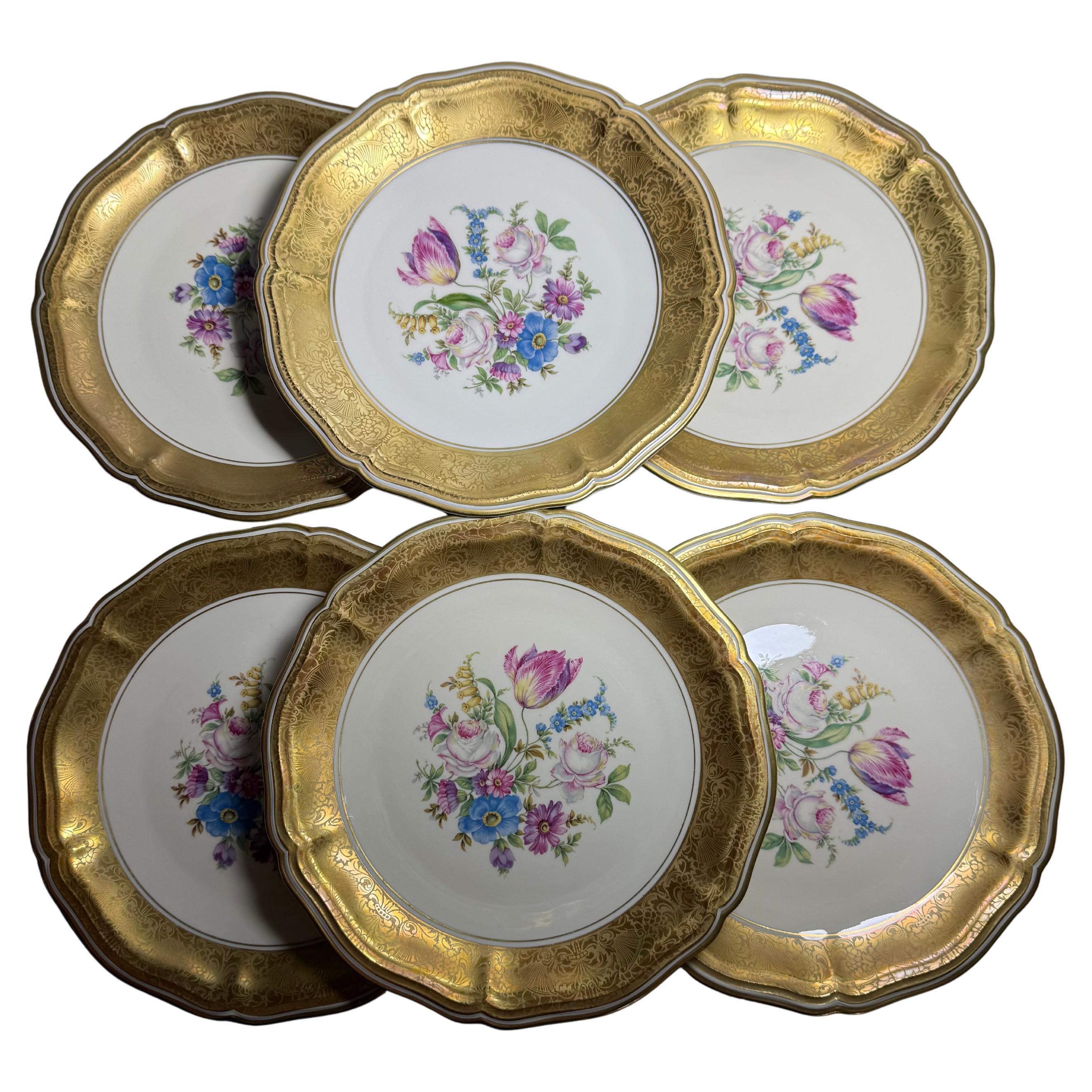 Rosenthal Chippendale Germany 6 luxury plates Gold Flowers 1950s