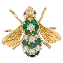 Rosenthal Diamond Emerald Ruby 18K Yellow Gold Vintage Bee Brooch