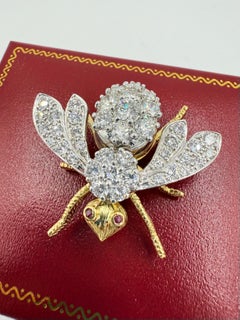 Rosenthal Extra Large Diamond Ruby Gold Bee Brooch Circa 1970s