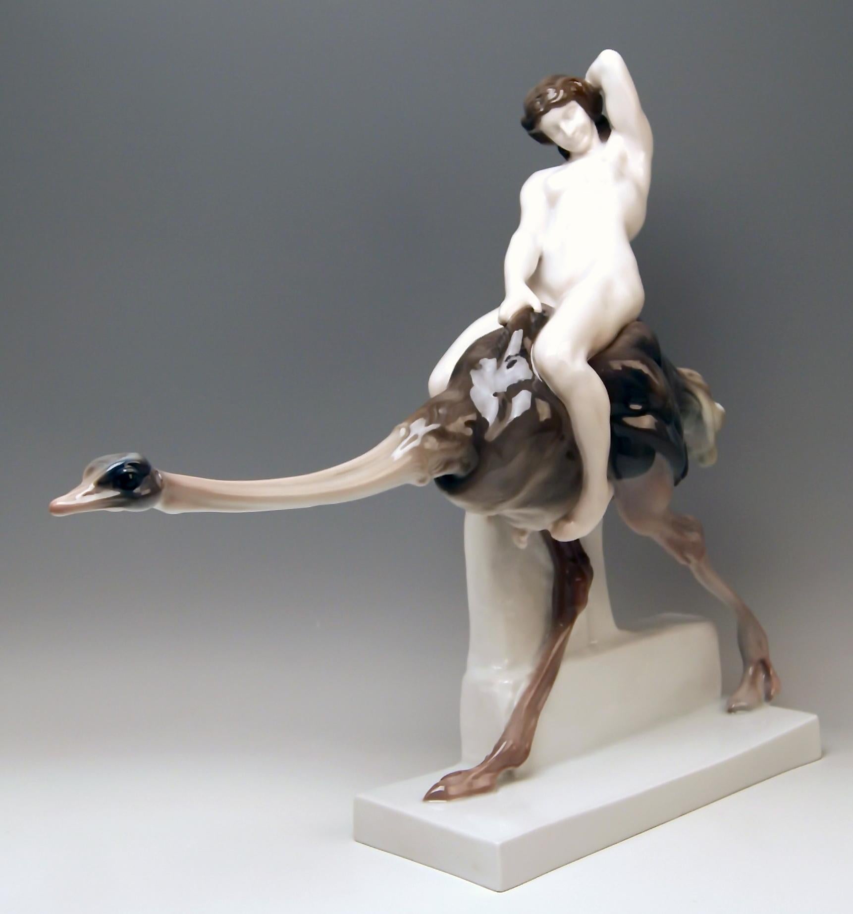 Rosenthal Germany stunning female figurine: Lady nude riding on ostrich = The So-said Straussenritt

Manufactory: Selb (Art Department) / Bavaria / Rosenthal Germany 
Dating: Manufactured 1920 (= quite early !) 
Material and technique: Porcelain