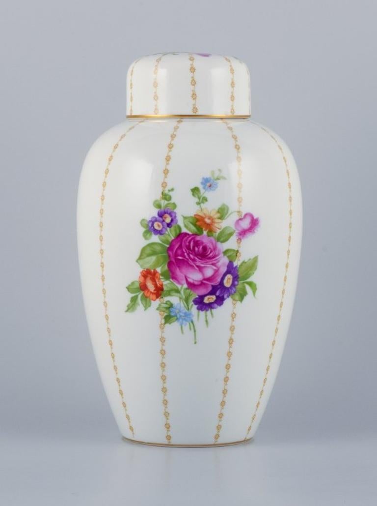 Early 20th Century Rosenthal, Germany, large porcelain lidded jar hand-painted with flower bouquets For Sale