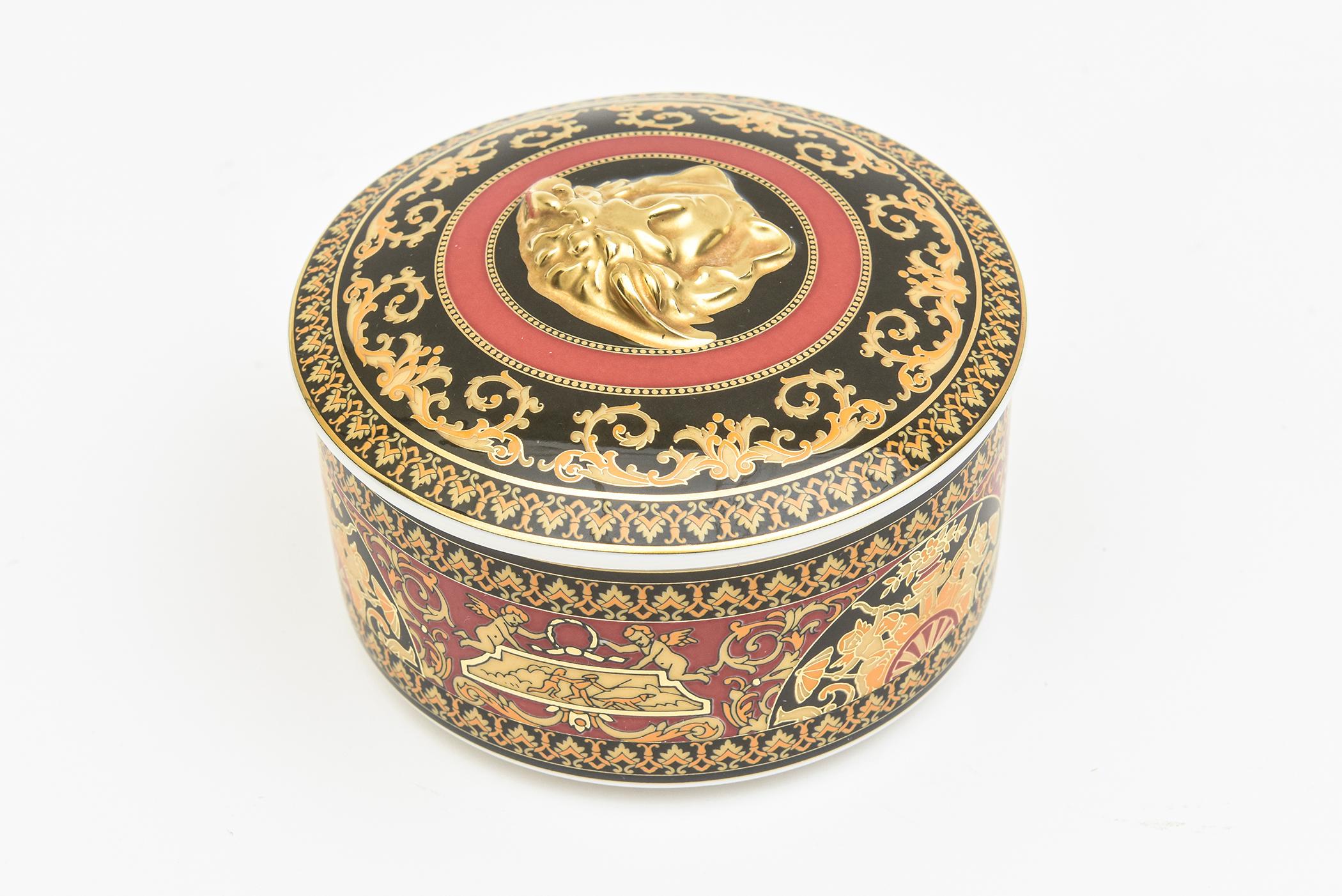 Regency Revival Rosenthal Germany Versace Porcelain Black, Red, White, Gold Medusa 2 Part Box For Sale