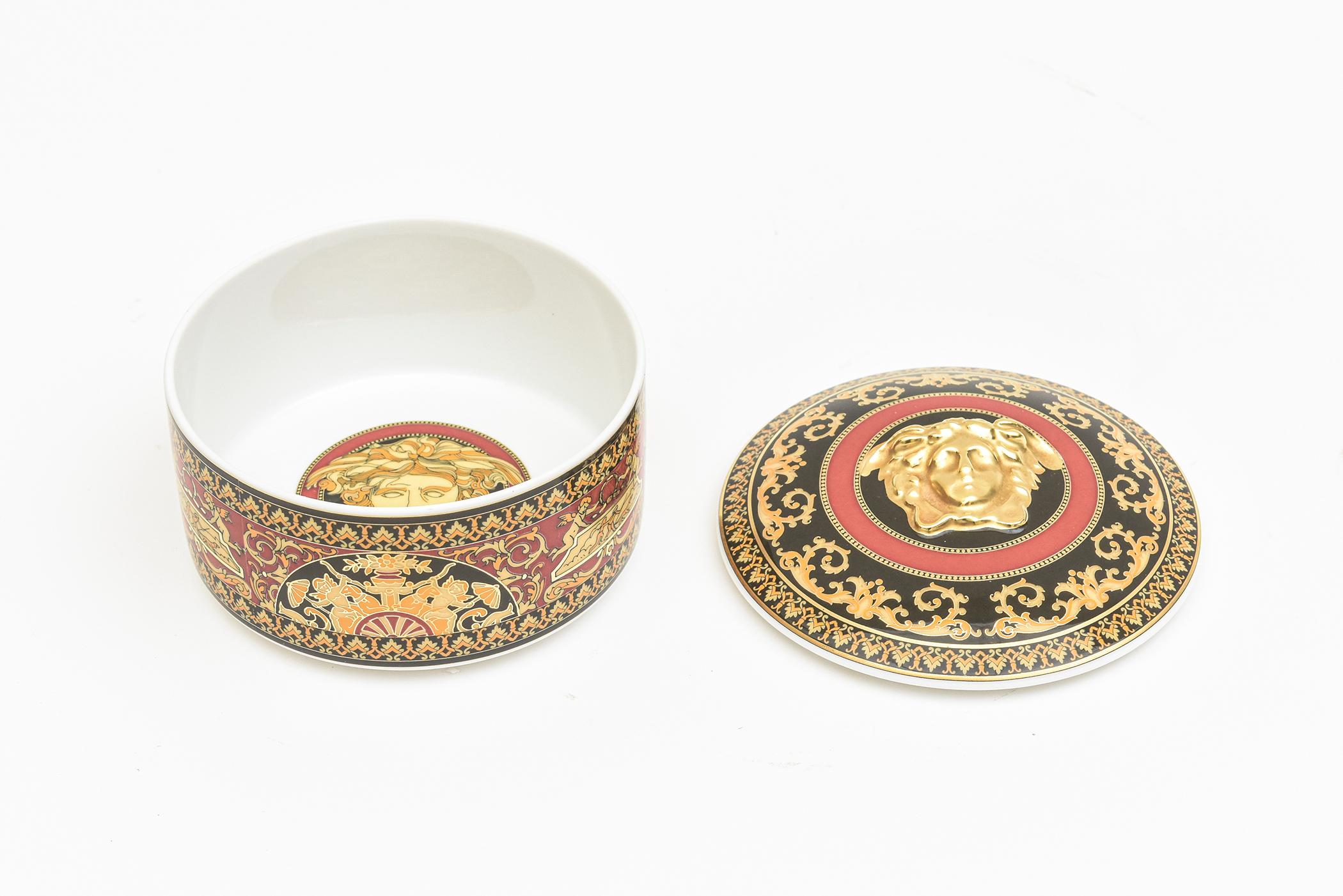 Rosenthal Germany Versace Porcelain Black, Red, White, Gold Medusa 2 Part Box In Good Condition For Sale In North Miami, FL