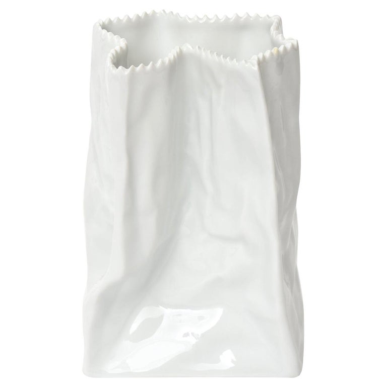 Rosenthal Glazed Porcelain Crushed Paper Bag Vase Sculpture For
