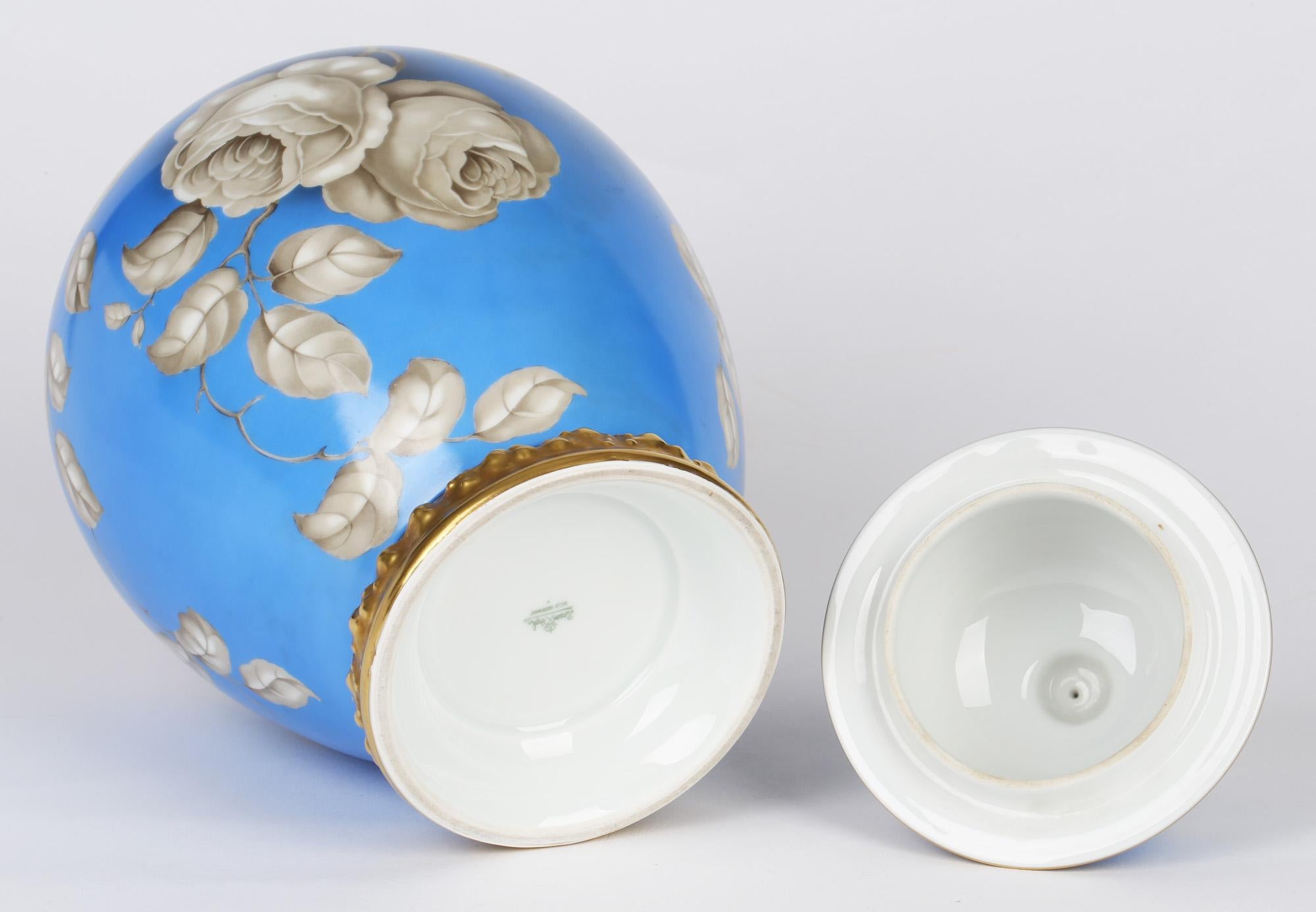 German Rosenthal Large Art Deco Porcelain En Grisaille Roses Jar And Cover For Sale