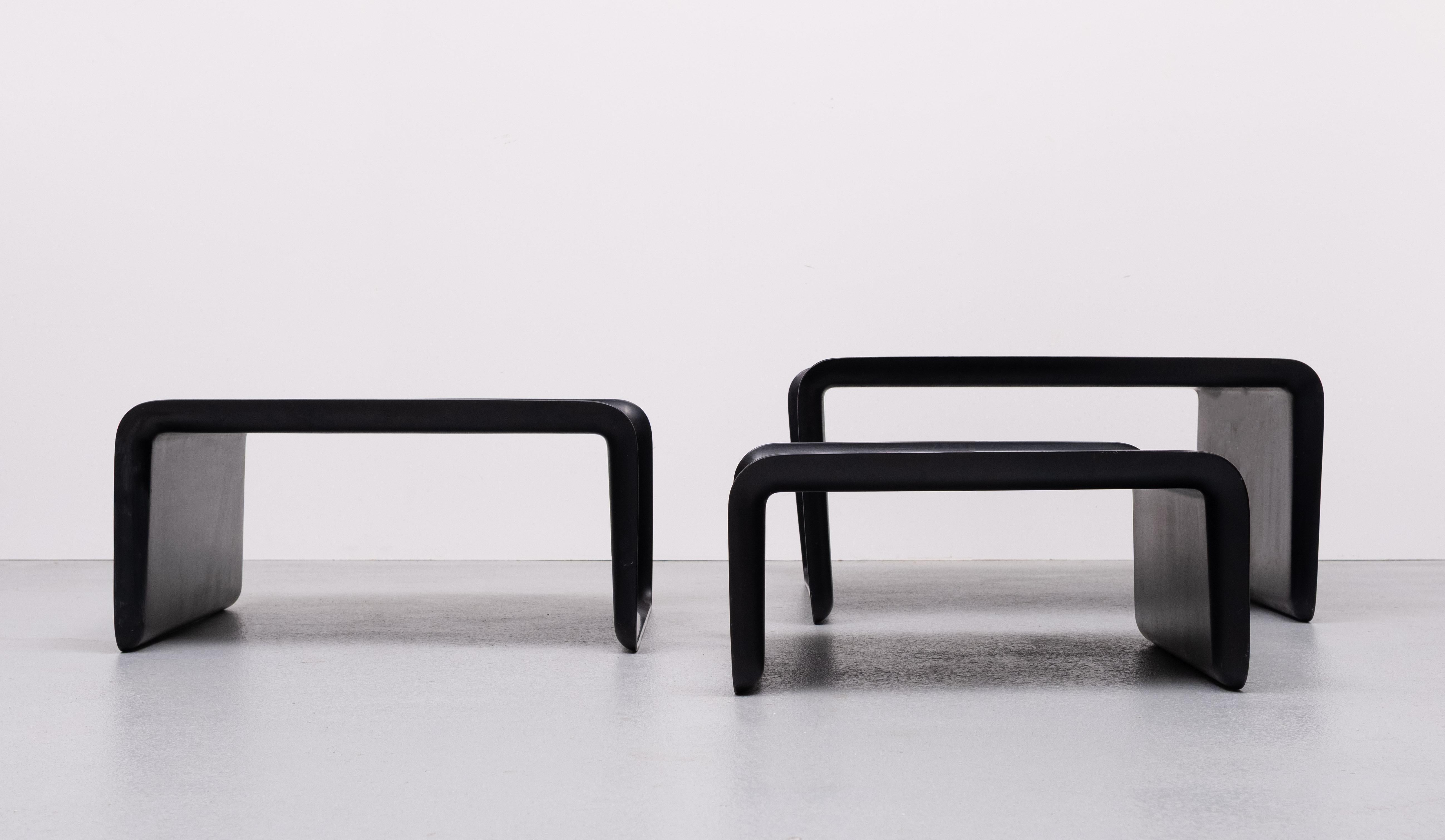 Stunning set of Three Three Black Fiberglass nesting tables . 
Manufactured by Rosenthal in the 1970s Germany .
Great looking set ,and rare .Space Age in style . 
Good condition .normal wear and tear .