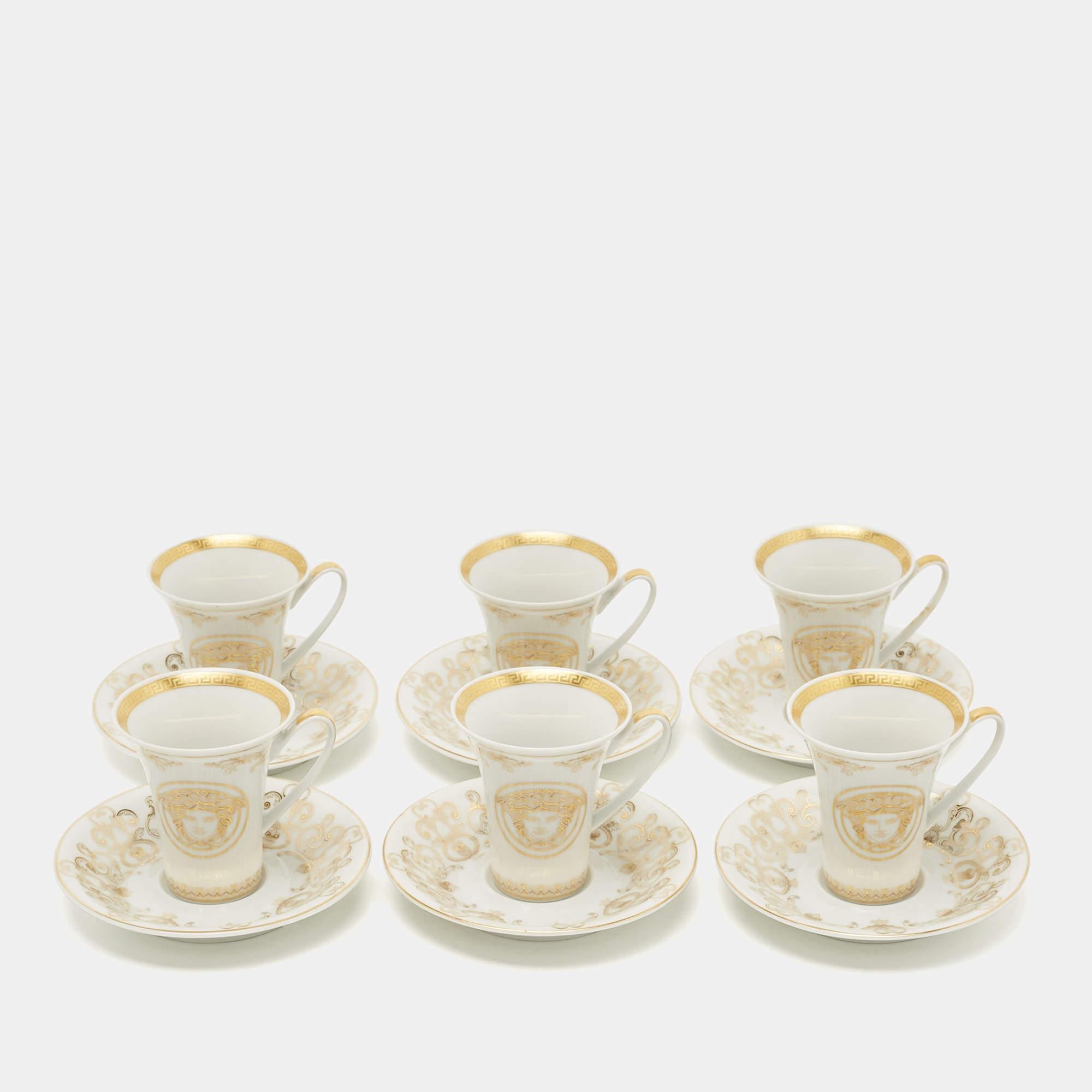 Rosenthal Meets Versace Gold/White Medusa Gala Espresso Cup and Saucer Set Of 6 In Excellent Condition In Dubai, Al Qouz 2